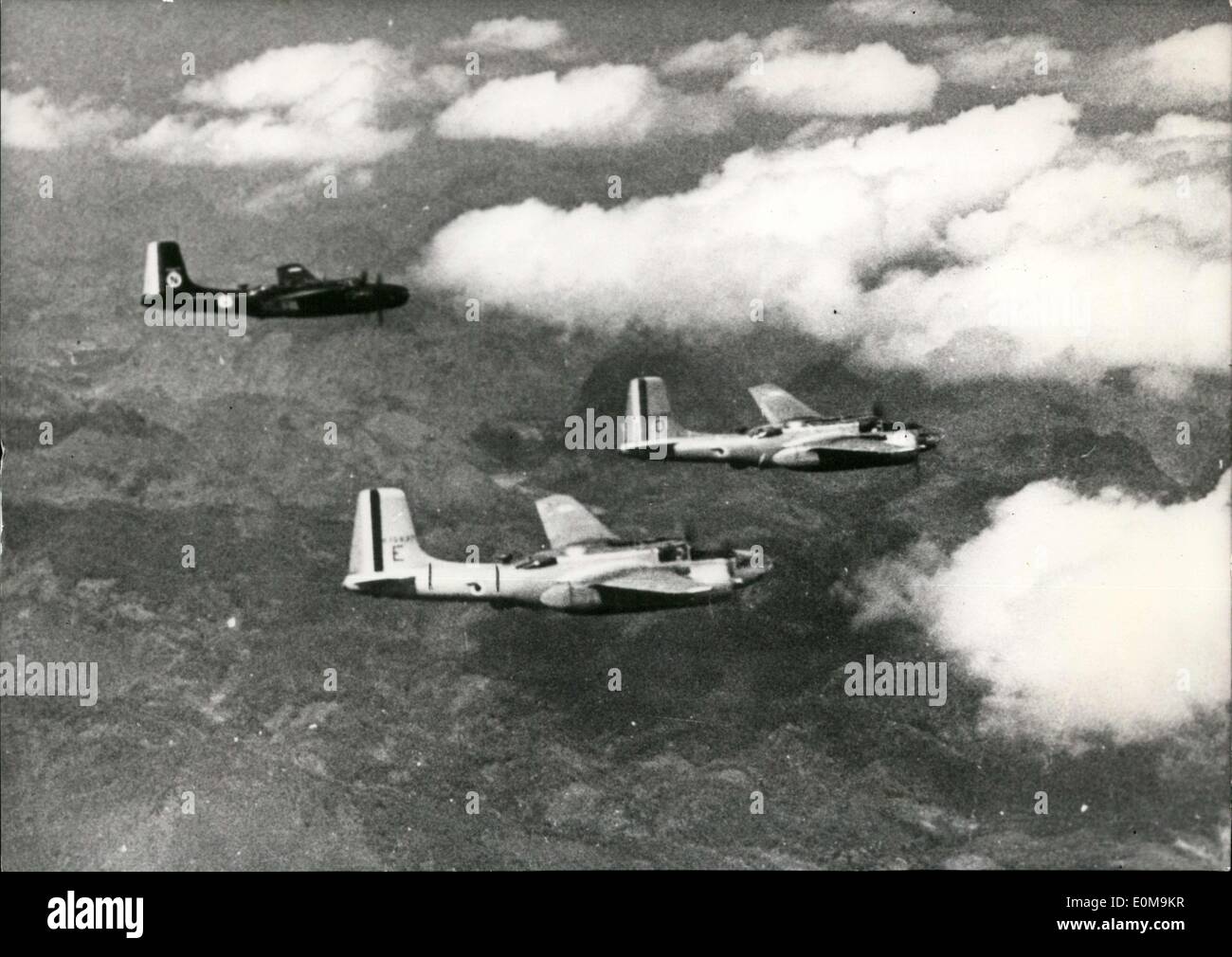 Apr. 08, 1954 - French Air Force in Dien Bien Phu Battle:B-26 Flying in formation over Dien Bien Phu.All the available French Aircraft are now taking part in the Battle. Stock Photo