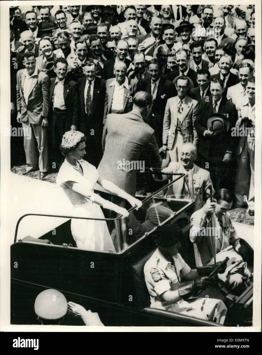 Mar. 03, 1954 - Royal Austalian tour original pictures rally of ex-servicemen in Brisbane. Photo shows the scene as H.R.H. the Duke of Edinburgh shakes hands with 73 year old Bill McLennon as the Queen holds on to the rail of the open truck during the rally of Ex-servicemen in Brisbane. Stock Photo