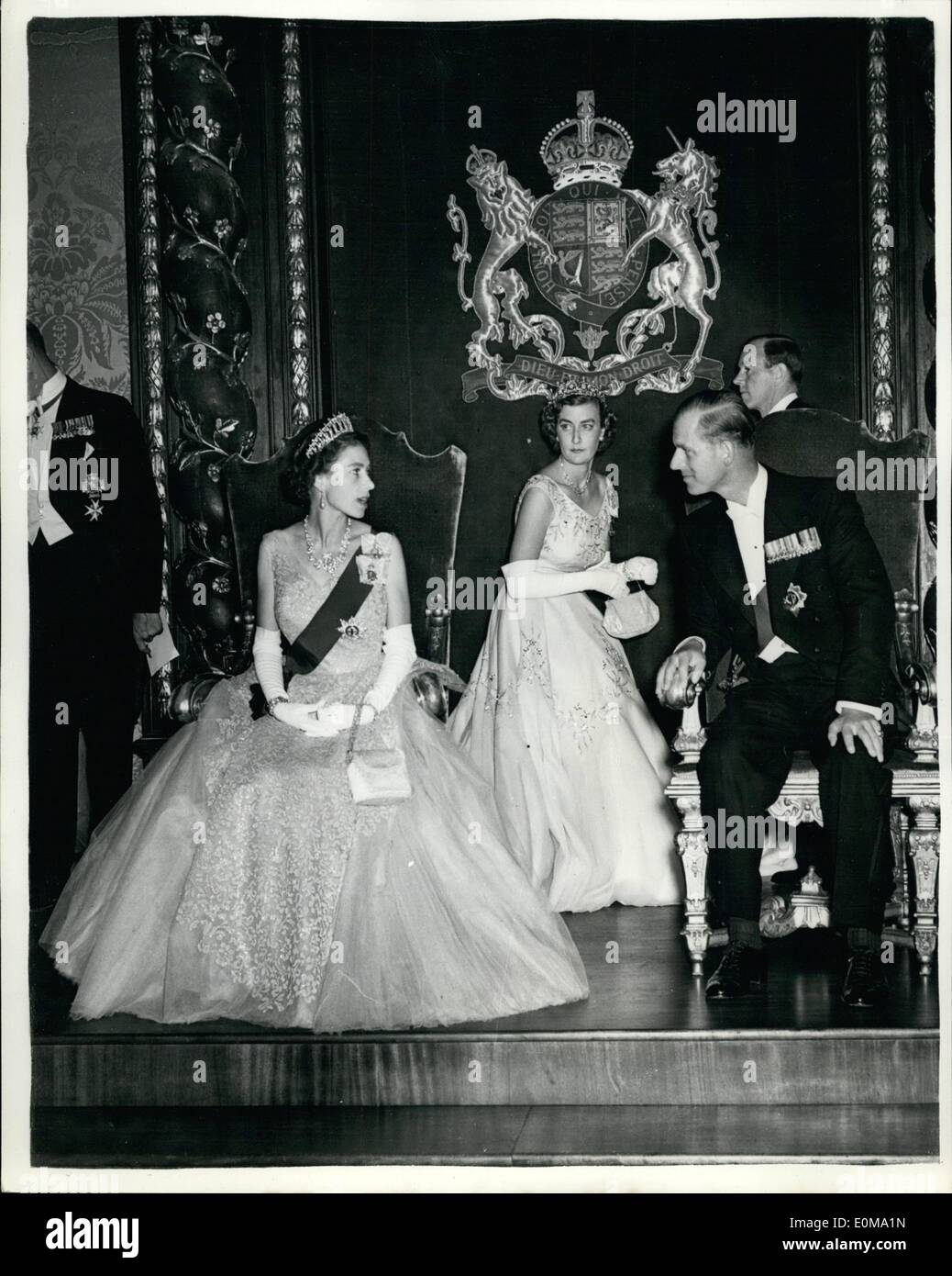 May 05, 1954 - The Royal Visit To Malta.. Queen Attends The Governor's  Ball.. Keystone Photo Shows:- With Lady Pamela Mountbatten one of the  Ladies-in-waiting in centre - H.M. The Queen has