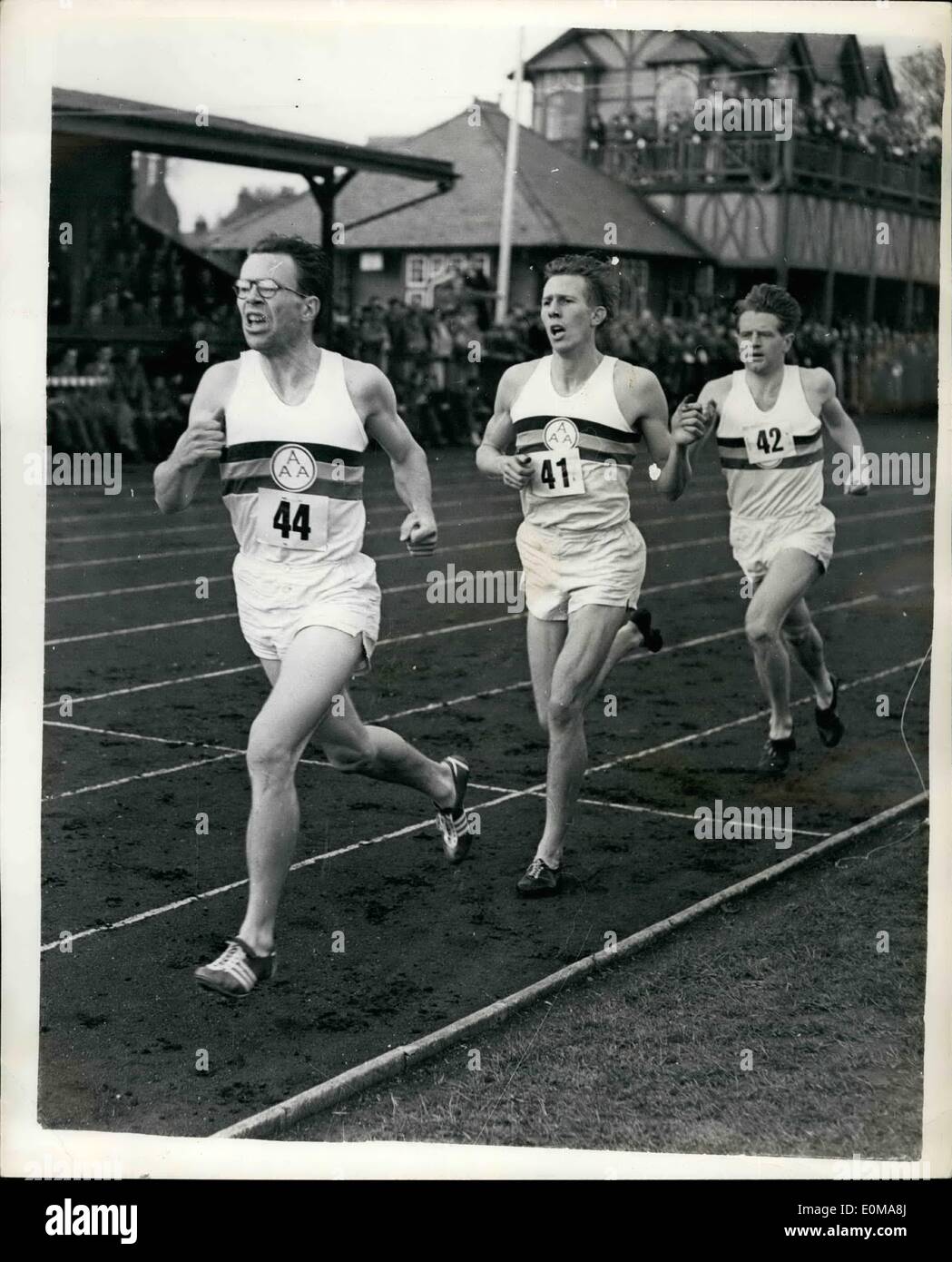 May 05, 1954 - Roger Bannister does it. Runs mile in under four minutes: Britain's Roger Bannister has done it. Last night he ran the fabulous four minute mile, a feat which the world's athletes have been trying to achieve for years, His time the three minutes 59.4 seconds. As he passed the post at Oxford's Iffley road track he was swept up in a mass of cheering, shouting spectators. Photo shows the world record mile lap by lap at Oxford last night. In picture No Stock Photo