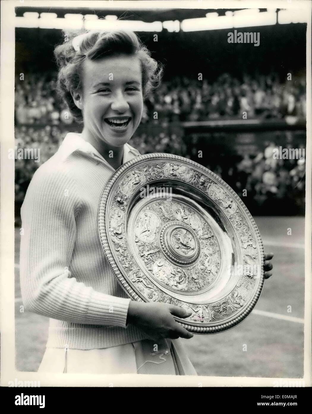 Jul. 03, 1954 - 3-7-54 Little Mo wins Women's Singles Final once again. Beats Louise Brough at Wimbledon. Keystone Photo Shows: Miss Maureen Little Mo Connolly with the plate after she had beaten Louise Brough to retains her Ladies Singles Championship title at Wimbledon this afternoon. Stock Photo