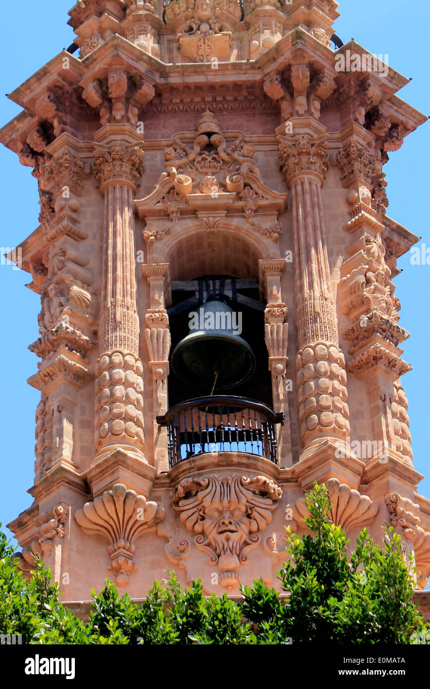 Detail of one of the Baroque bell-towers of the Church of Santa Prisca in Taxco, Guerrero, Mexico Stock Photo