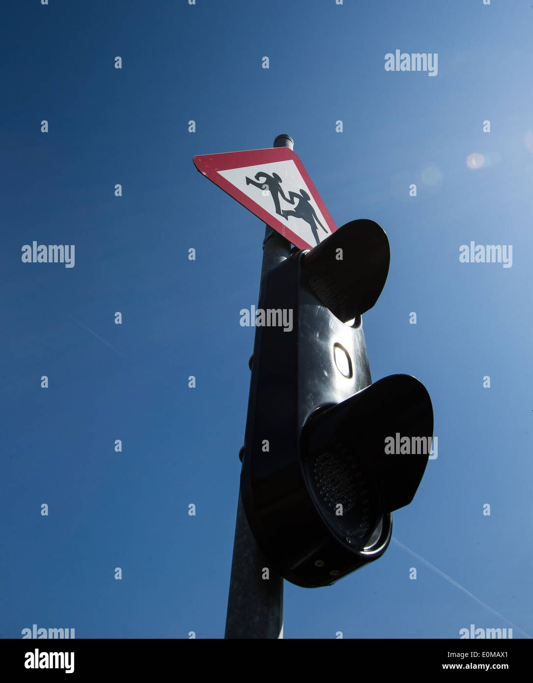 road traffic sign school crossing and warning signal lights Stock Photo