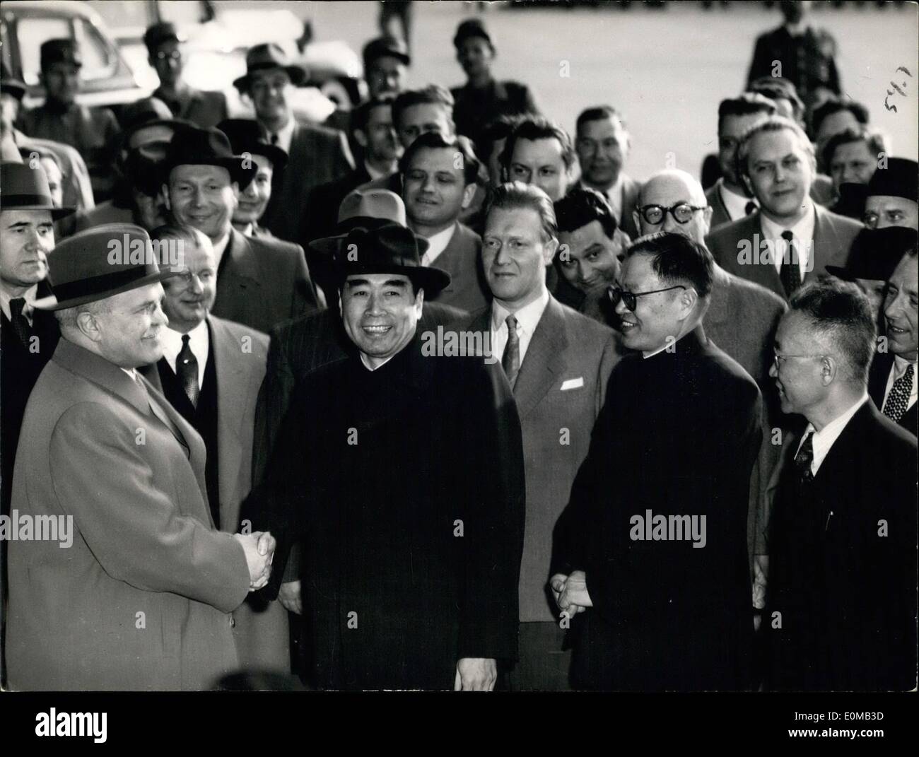 May 10, 1954 - M. loroff freeding Chan on Lai at his arrival. Behind him M.   next to Chowem Lay is M. Chang Wen. Stock Photo