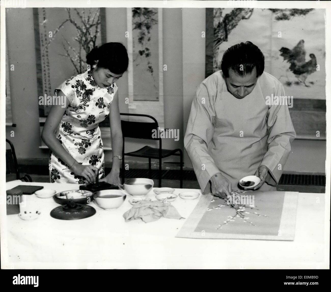 Jul. 08, 1954 - Exhibition Of Chinese Finger Painting: An exhibition of TSE-HUA (Chinese finger painting) by the Singapore artist, WU TSAI YEN, opens tomorrow at the Imperial Institute, South Kensington. So far as is known, this is the first exhibition and demonstration in this country, or indeed, of any western country, of a very ancient Chinese art of which today there are a few accomplish exponents. Mr. Wu is, in fact, probably the only artist in the world who paints exclusively by this method Stock Photo