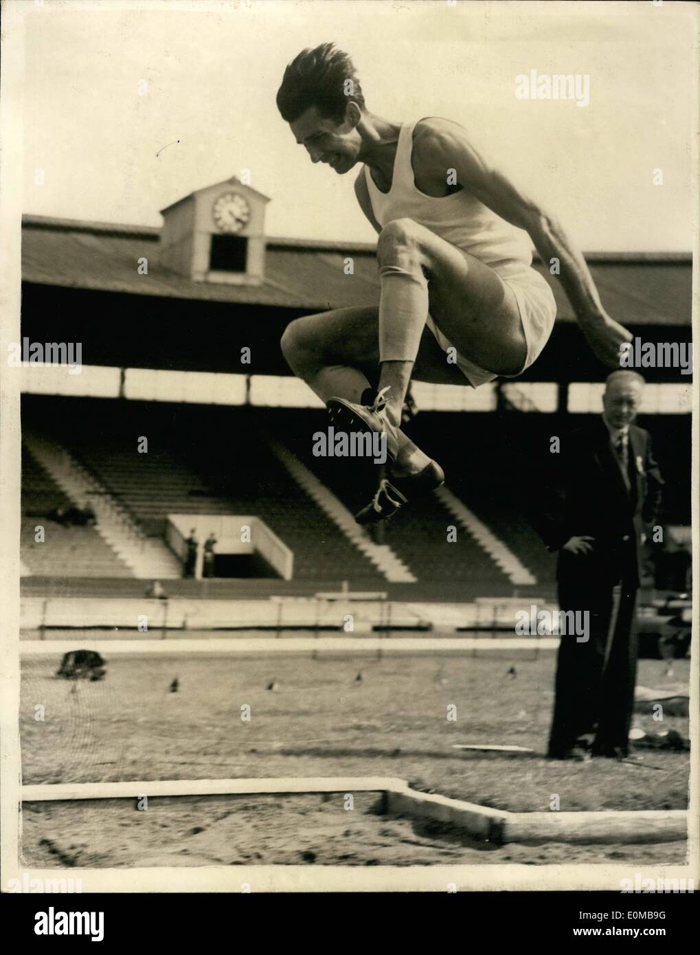 Jul. 09, 1954 - 9-7-54 Opening of the A.A.A. Championships. Hungarian in long-jump event. Keystone Photo Shows: O. Foldesi of Hungay seen taking part in the Long-Jump event during the A.A.A. Championships at White City this afternoon. Stock Photo