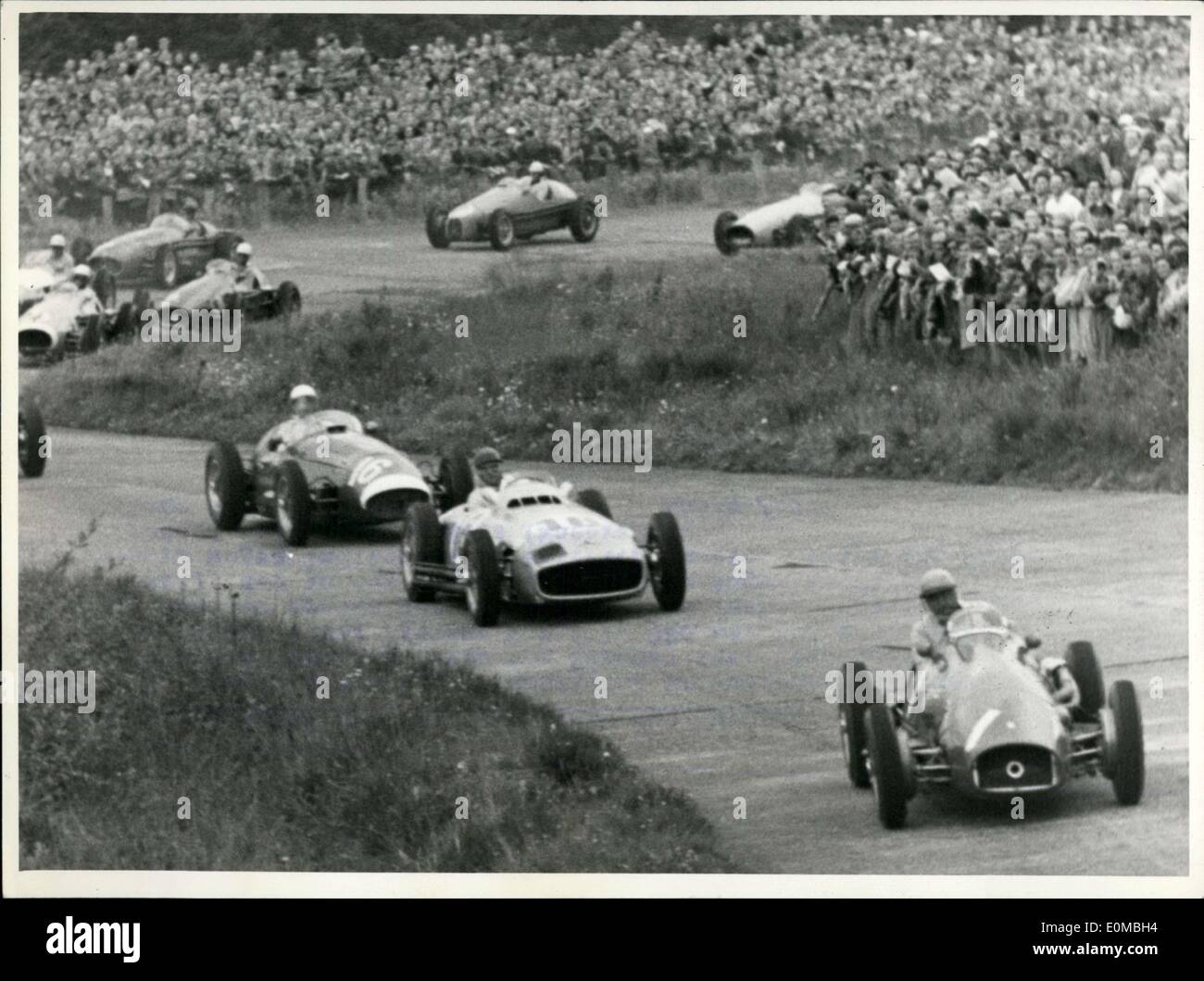 Aug. 01, 1954 - Mercedes wins the ''Grand Prize of Europe.'' Juan M. Pangio, driving a Mercedes, won the Formula 1 race. Pictured here is a scene from the first of 22 rounds. Gonzales is in front with a Ferrari, while Pangio follows in second. Stirling Moss is in his Maserati in third. Stock Photo