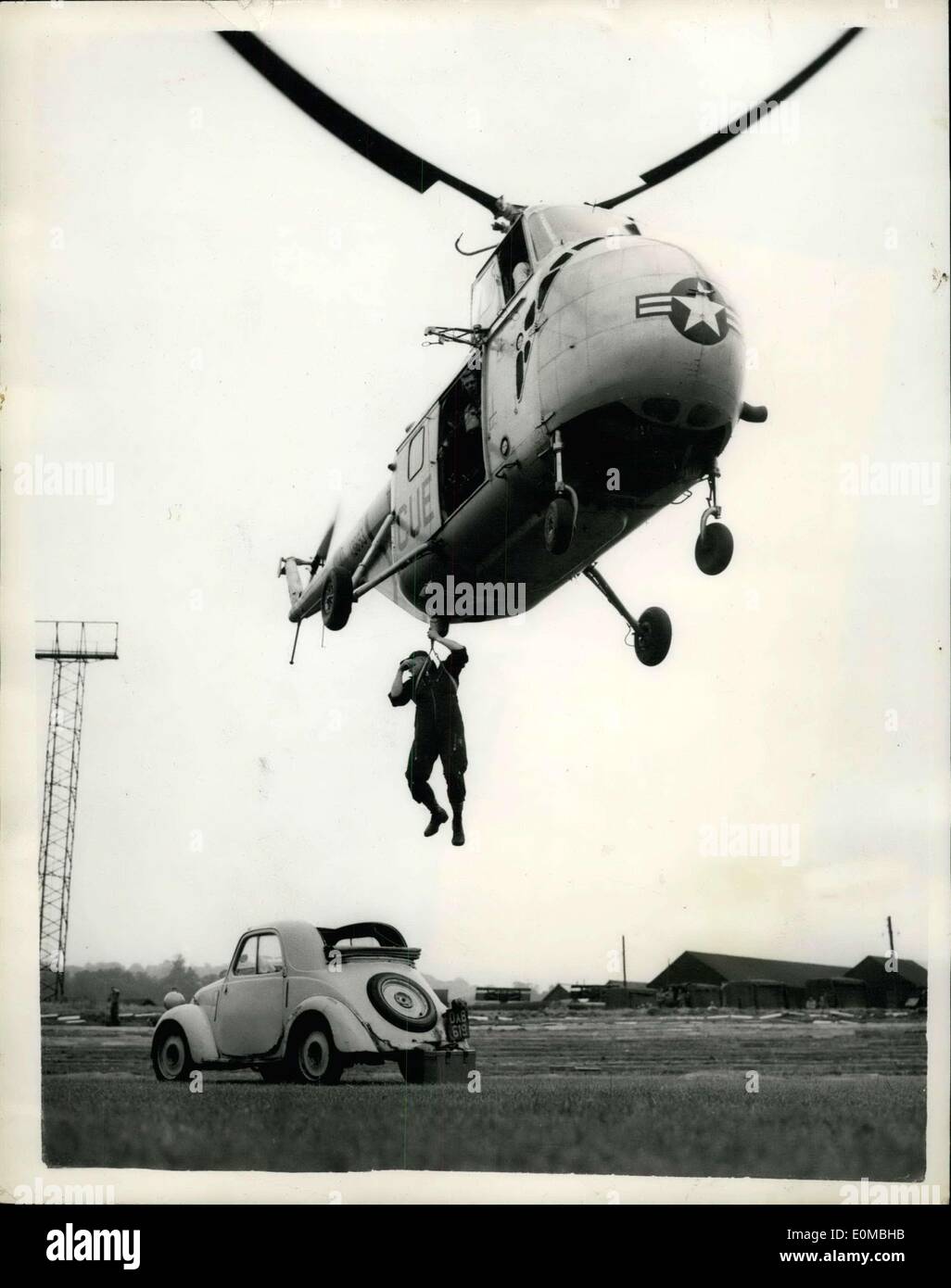 Aug. 03, 1954 Rehearsal of helicopter ?rescue?. Airman lowered into a