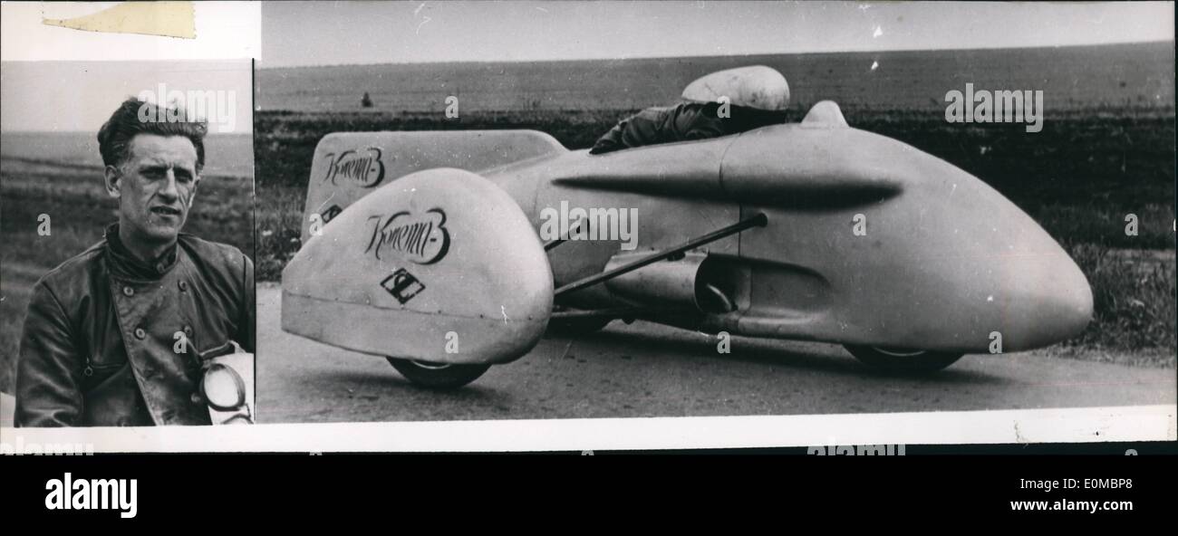 Jun. 06, 1954 - Sports news.: U.S.S.R. automibils and motorcycle races were held recently in the Crimea of the Moscow Simferopol Highway. Driving a ''Kometa-3'' motorcycle with a side-car (500 c.c. class)Merited Master of Sports N. Shumilkin bettered two world records in the IC and 50 kilometre race. The first he covered at an avarage speed of 193.646 kilometres per hour, and the second at 175,609 km. p.h. Photo shows N. Shumilkin Stock Photo