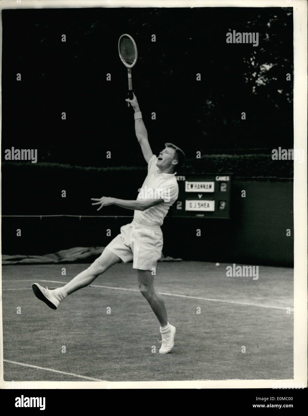 Jun. 06, 1954 - Wimbledon-First Day Shea (USA) V Hannam (GB) G.J. Shea, the newcomer from USA, in play against C.W. Hannam (Great Britain) during their match at Wimbledon today. Stock Photo