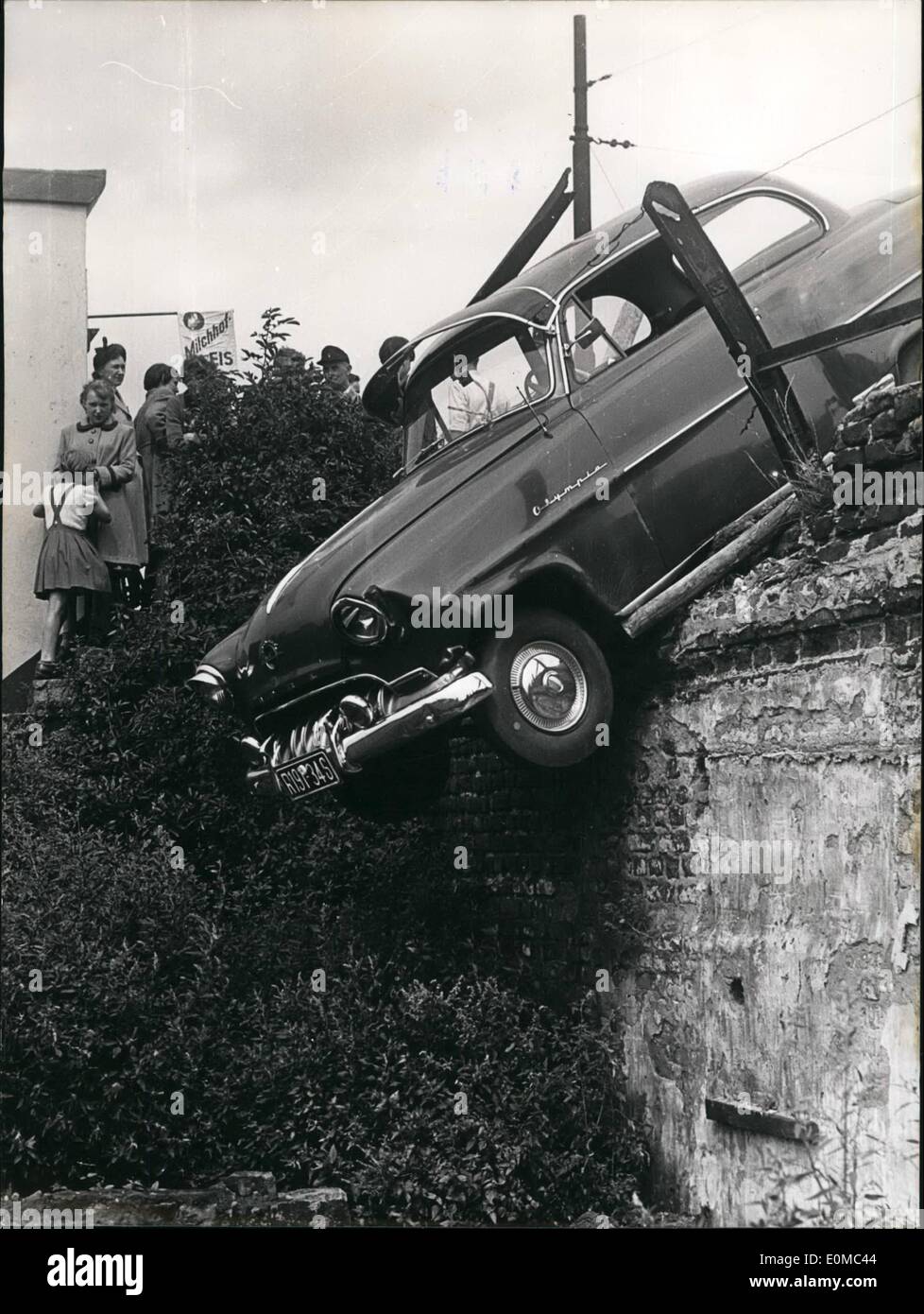 Aug. 08, 1954 - A good angel saved him for falling down.: from the bridge on the road to Duisburg Germany .Both drivers were ve Stock Photo