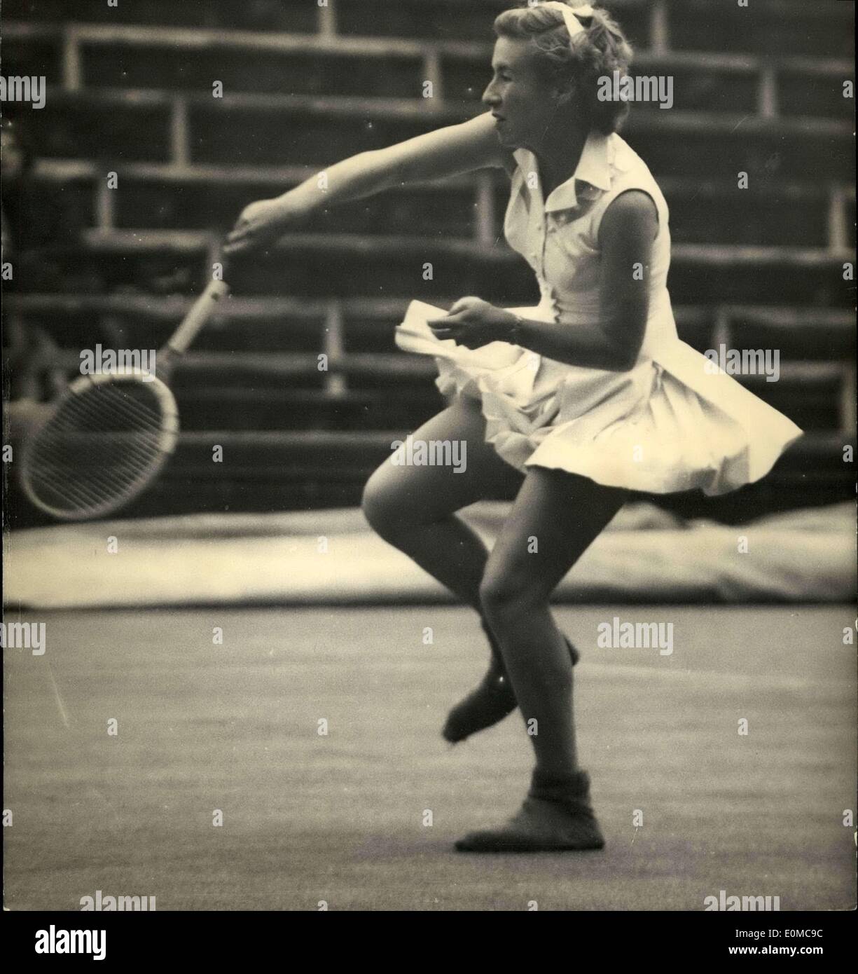 Jun. 12, 1954 - ''Little Mo'' in action. Miss Maureen (''Little Mo'') Connolly, (U.S.A.), defeated Miss Shilcock, of Britain, 6-2, 6-2, to give the united states a 5-0 lead in the ladies international team match fro the wight-man cup, played at Wimbledon. America won the match. Photo shows Miss Maureen Connolly in play against Miss Shilcock at Wimbledon today. Stock Photo