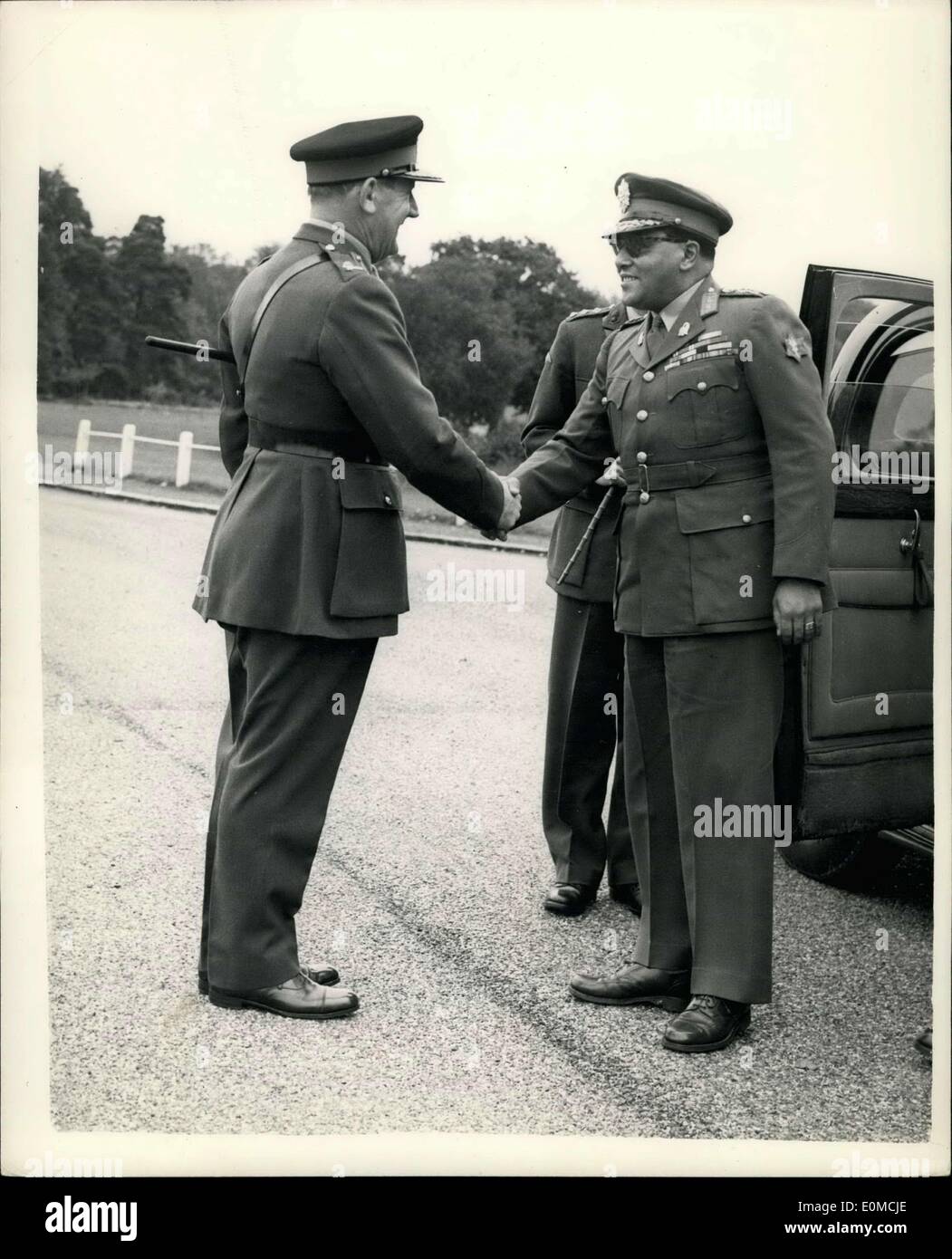 Oct. 01, 1954 - C. in C. Nepal on visit to Sandhurst military college. Greeted on arrival; General Sir Kiran Shamsher Jung Bahadur Rana K.B.E., the Commander in Chief of the Nepalese Army paid a visit to the Royal Military Academy, Sandhurst, today. Photo Shows General Rana greeted by Major General R.G.S. Hobbs cain. C. of the Academy at Sandhurst today. Stock Photo