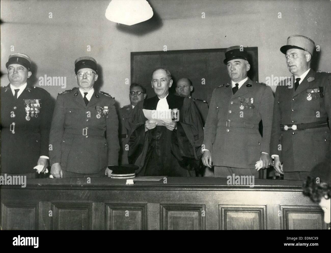 Oct. 10, 1954 - ''Butcher'' of Paris'' and his assistant to die; President of the military tribunal Bouessel-Dubourg reads the death sentence at the trial of Oberg (called the ''Butcher of Paris'') and his assistant Knochen. Oberg was the chief of the Paris Gestapo known for his Ruthless action against the Patriots and hesitant s. The trial lasted many weeks at the Paris military court. Oberg's main excuse was that ''He was obeying orders from his superiors' Stock Photo