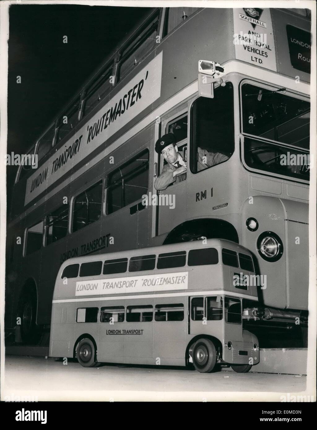 Sep. 09, 1954 - Press Day at the Commercial Motor Show. New London transport bus - chassis - less. Photo shows the driver looks Stock Photo