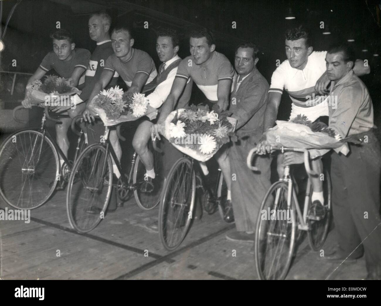 Oct. 10, 1954 - Left to right: Bobet, Bellenger, Darricade, and Jacques Anquetil. Mario Scelba with Maria Pia de Gasperi after her father's Death Stock Photo