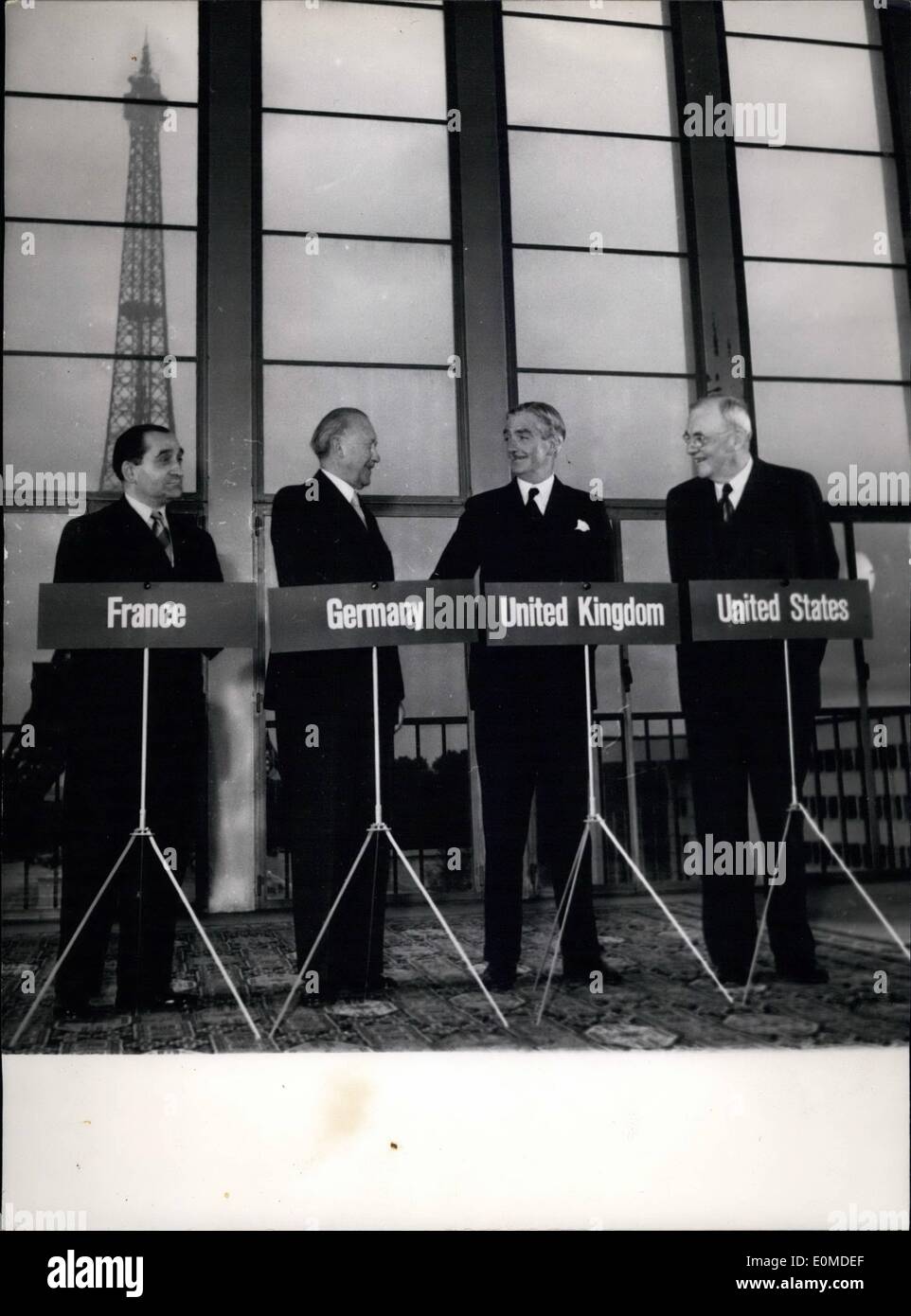 Oct. 10, 1954 - The ''Four'' meet again - Eiffel Tower in Background: From left to right: Mendes-France, Chancellor Adenauer, Anthony Eden and Foster Dulles at the Palais De Chaillot NATO's Headquarters prior to the etting this afternoon. Stock Photo