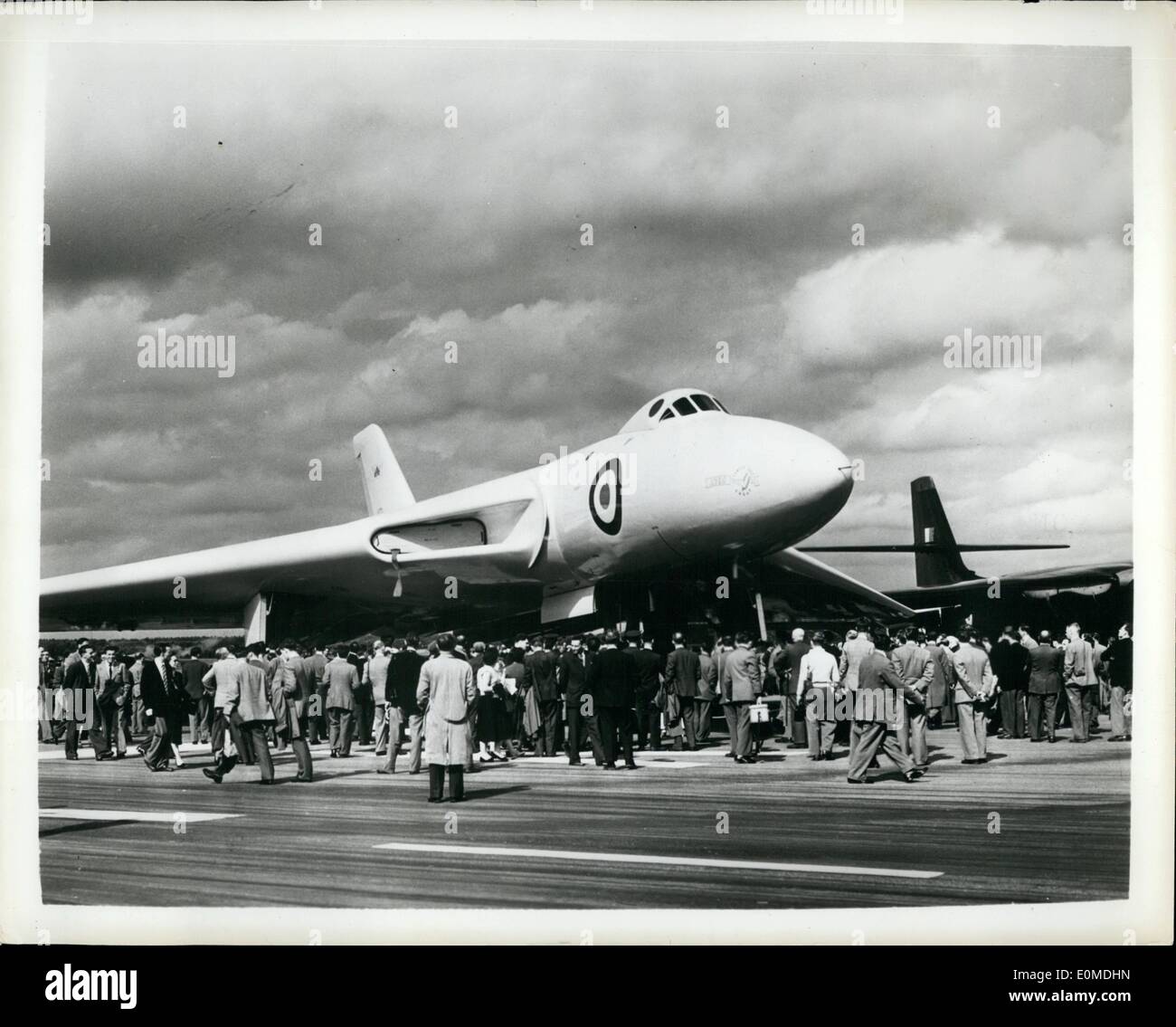 Sep. 09, 1954 - Atom Bomber Stops The Show: Aviation experts and technicians from all over the world recently attended the Society of British Aircraft Constructors' annual Flying Display and Exhibition at Farnborough, England. Military stars of the show were three multi-engined jet atom bombers, the Vickers Valiant, the Avro Vulcan and the Handley Page Victor. On the civil aviation side were the turbo-prop airliners Vickers Viscount, the Bristol Britannia and the jet Comet III Stock Photo