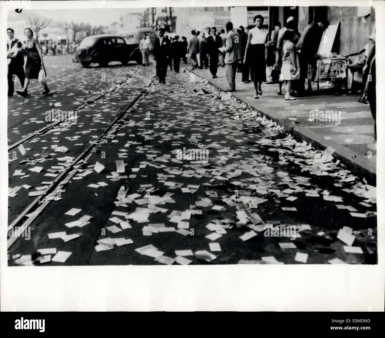 Oct. 15, 1954 - Congressional Elections In Brazil: Pamphlets Over The Roadway: More than 15,000,000 persons were eligible to vote in the recent Brazilian elections - in which 1,200 candidates stood for the 69 places - to decide the composition of the new Congress and two - thirds of the Senate. In addition 11 new governors are being elected. The election follows the death and sudden downfall of Dr. Vargas.. The result of the elections will not be known for some weeks - but it is expected that the Conservative Party will have a big lead Stock Photo