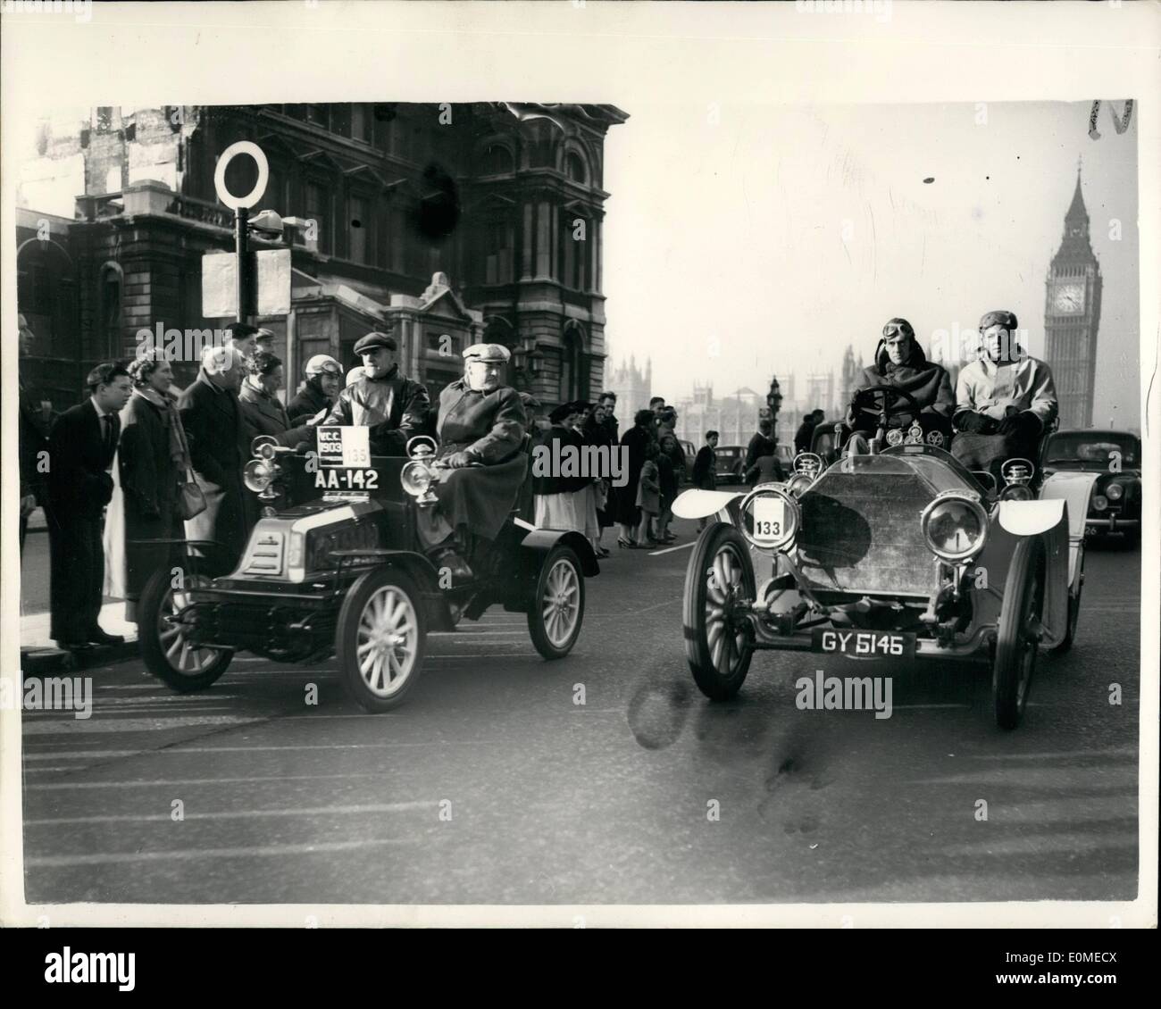 Nov. 11, 1954 - London-Brighton Veteran Car Run. The Royal Automobile Club Veteran Car Run from London to Brighton, took place today. The Run, organised by the Royal Automobile Club in conjunction with the Veteran Car Club of Great Britain, started from Hyde Park this morning. Keystone Photo Shows:- Seen during the run are a 1905 Napoleon (on left) and a 1903 Mercedes. Stock Photo