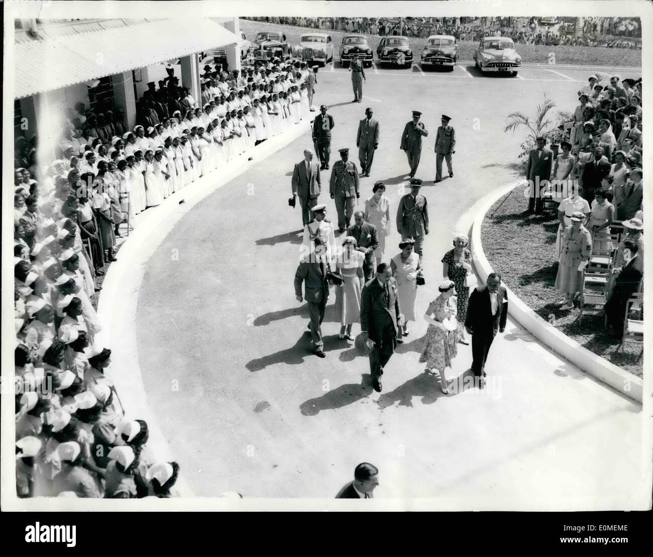 Feb. 02, 1955 - Nurses form guard of Honour as Princess Margaret opens new southern Trinidad Hospital. Photo shows Genera view showing nurses looking on as Princess Margaret arrives for the ceremony of opening the new San Fernando Hospital at Southern Trinidad. Stock Photo