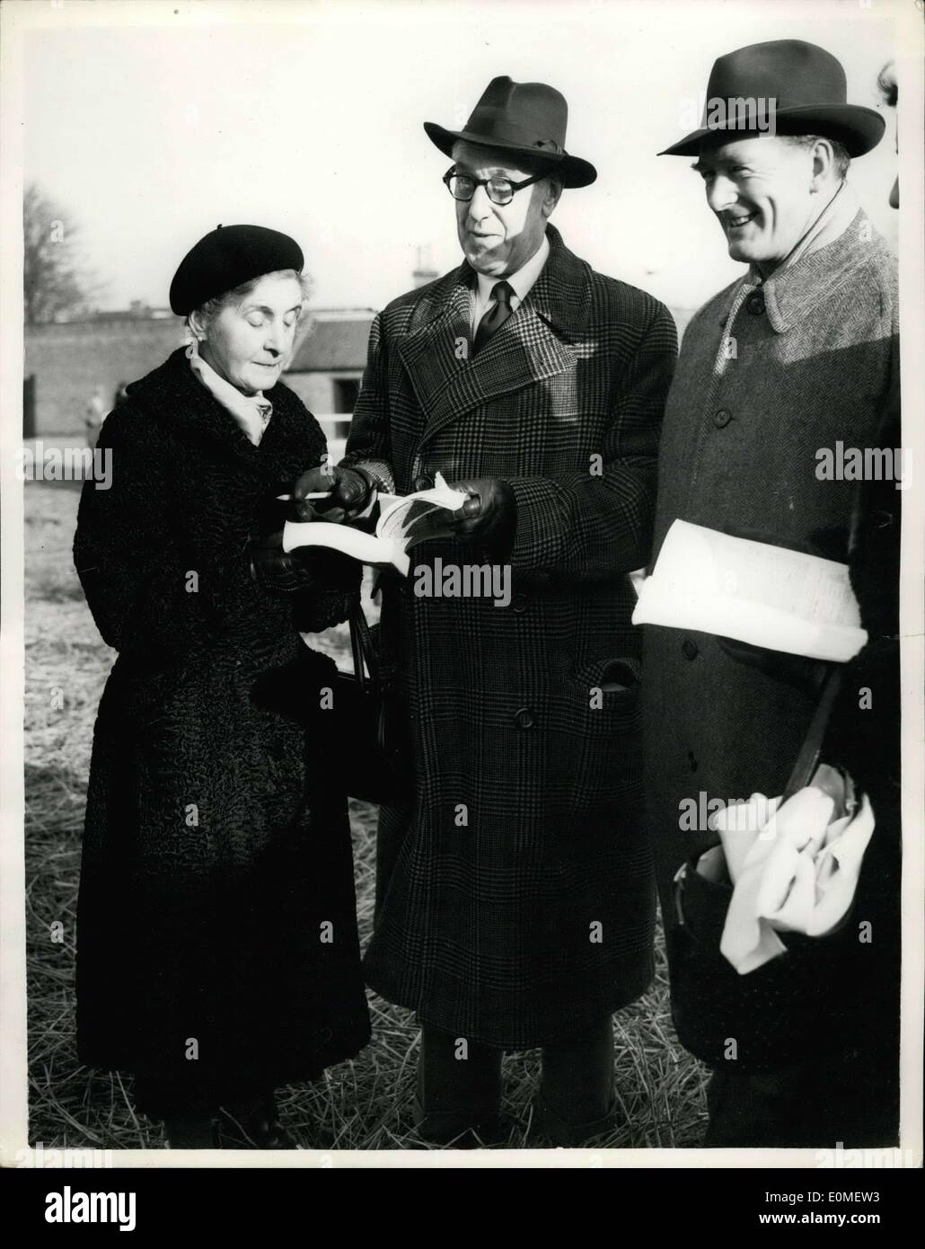 Dec. 06, 1954 - Opening of the Newmarket sales.. Owners from Denmark: A number of record prices were paid at the Bloodstock sales which opened at Newmarket today. Photo shows L-R : Mrs. Kiss Carl who owns the biggest stud farm in Jutland, Denmark; with in center Mr. H.C. Walton; and Mr. Fritz Auckenthaler von Thurnstein an Austrian racehorse owner who lives in Copenhagen - seen at the sales today. Stock Photo