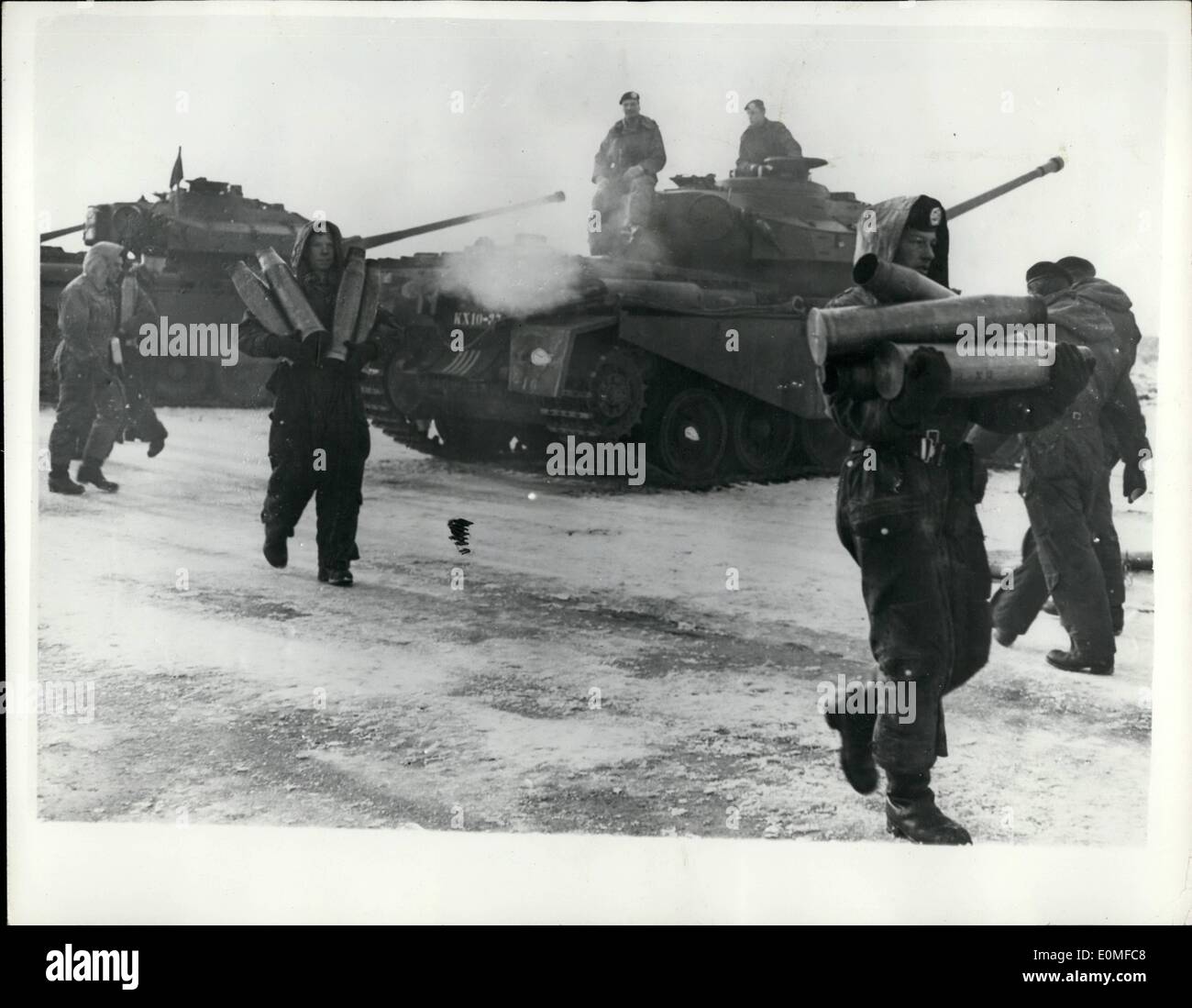Feb. 05, 1955 - 5-2-55 Tank battalion under training at Belsen-Hohne Germany. The 1st Squadron of the 4th Heavy Tank battalion 1st. Netherlands Corps came from Holland by train for training at the B.A.O.R. Tank Gunnery Range at Belsen-Hohne, Germany recently. They were replaced by another squadron of their battalion. This B.A.O.R. Range is the largest in Europe and is used by armoured units from many N.A.T.O. Nations. Keystone Photo Shows: After firing the expanded shell cases are stacked for return. Stock Photo