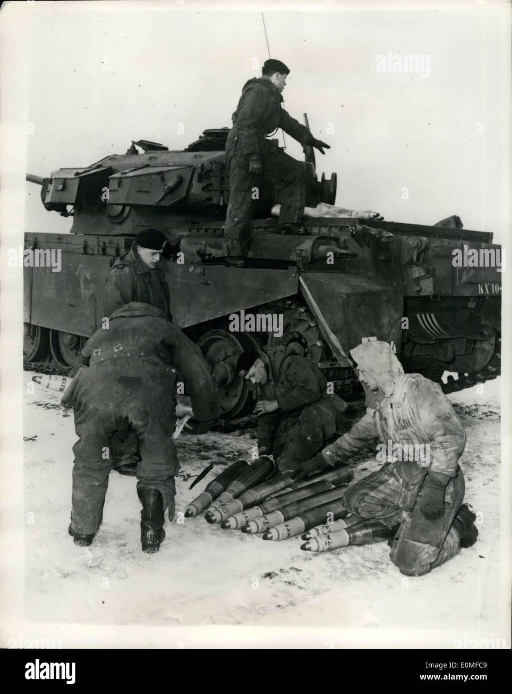 Feb. 05, 1955 - Tank Battalion Under Training At Belsen-Hohne Germany: The 1st. Squadron of the 4th. Heavy Tank Battalion 1st. Netherlands Corps came from Holland by trains for training at the B.A.O.R. Tank Gunnery Range at Belsen-Hohne, Germany recently. They were replaced by another squadron of their battalion. This B.A.O.R. Range is the largest in Europe and is used by armoured units from many N.A.T.O. Nations. Photo shows Checking ammunition for 1st. detail during the second days firing. Stock Photo