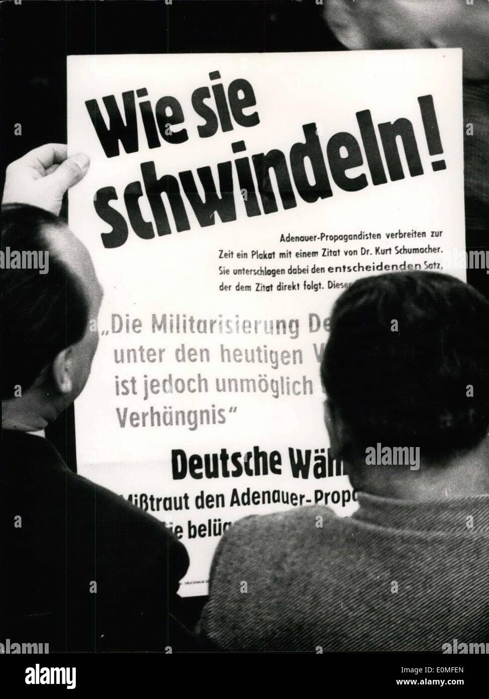 Feb. 26, 1955 - Socialist deputee Franke is for being demonstrative. Inmidst of the Federal Diet session of February 25th he held up a huge poster: ''Lord, how they are lying'' was written on top of it... (The deputee Franke at the left) Stock Photo