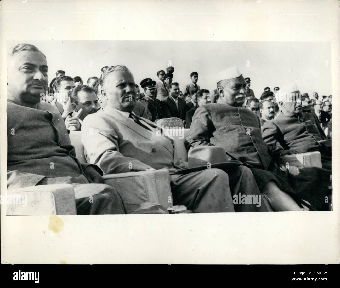 Dec. 12, 1954 - Marshal Tito on his State visit to India watches mounted display in New Delhi: Continuing his State visit to India Marshal Tito, President of the Jugo Slavian Republic attended a display of Mounted Sports at New Delhi. He was accompanied by the President of India, the Prime Minister and General Rajendrasinhji. Photo shows watching the Mounted Sports at New Delhi are left to right : General Rajendrasinhji, Marshal Tito, Dr. Rajendra Prasad (Prof. of India), and Mr. Jawaharlal Nehru the Prime Minister. Stock Photo