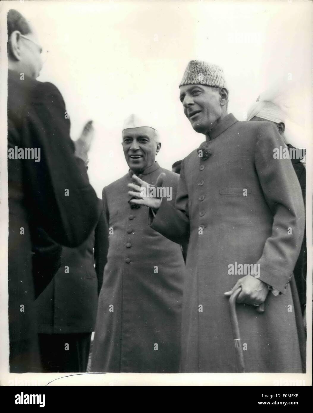Jan. 01, 1955 - GOVERNOR GENERAL OF PAKISTAN ATTENDS INDIAN REPUBLIC ANNIVERSARY CEREMONIES.. Mr. Ghulam Mohammad the Governor General of Pakistan was invited to attend the celebrations in Delhi of the sixth, anniversary of the Indian Republic. Keystone Photo Shows:- Dr. Rajendra Prasad the Pres. of India (saluting in left - foreground) welcoming Mr. Ghulam Mohammad on his arrival in Delhi.. Keystone Photo Shows:- Mr. Ghulam Mohammad with Mr. Nehru at the airport when the Pakistan Governor General arrived from Karachi. Stock Photo