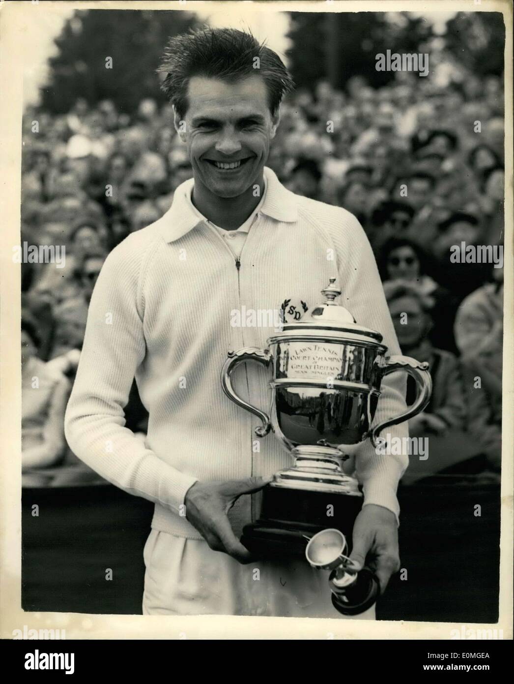 Apr. 30, 1955 - Davidson Beats Becker in the Men's Singles Final at Bournemouth: Sven Davidson of Sweden won the British Hard Courts Lawn Tennis Championships at Bournemouth today, he Roger Becker of Great Britain in thee Straight sets. Picture shows: Sven David son of Sweden, seen with his trophy after winning the singles at Bournemouth this afternoon. Stock Photo