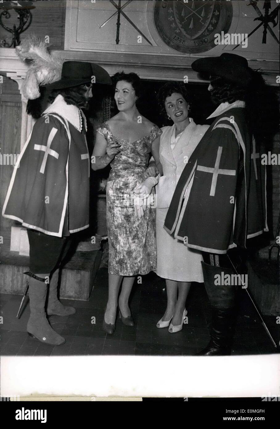 May 05, 1955 - Musketeers were there - but where was milady?:Radio Singer Rose Avril right and Starlet Denise Carvenne have a Stock Photo
