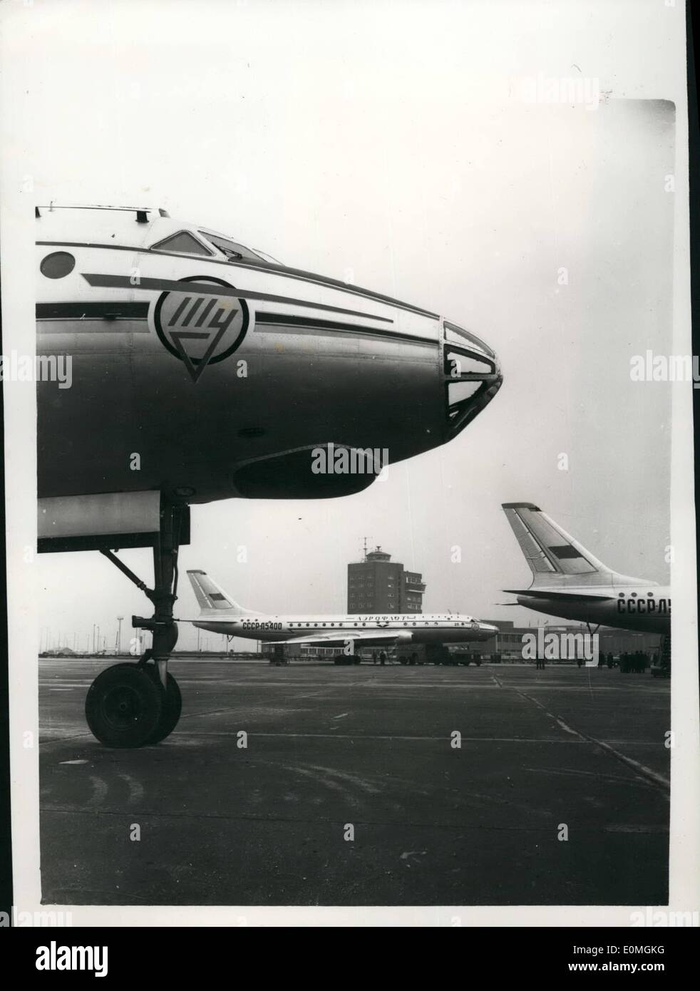 Apr. 04, 1955 - Soviet jet airliners at London airport. Three Sewist Tul104 Jet airliners. two of which arrived today- and one yesterday - were to be seen today at London airport. photo shows one of the Soviet airliners is seen framed beneath the nose to another at London airport today. Stock Photo