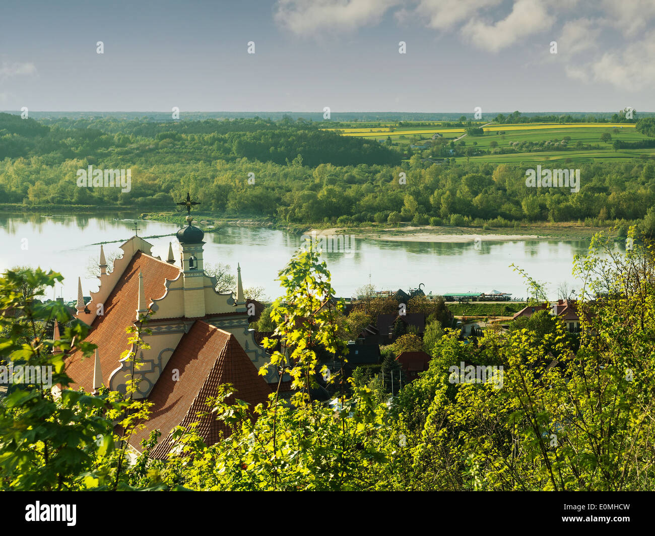 Panorama of Kazimierz Dolny town with Parish Church Fara, over the Vistula river Poland Stock Photo