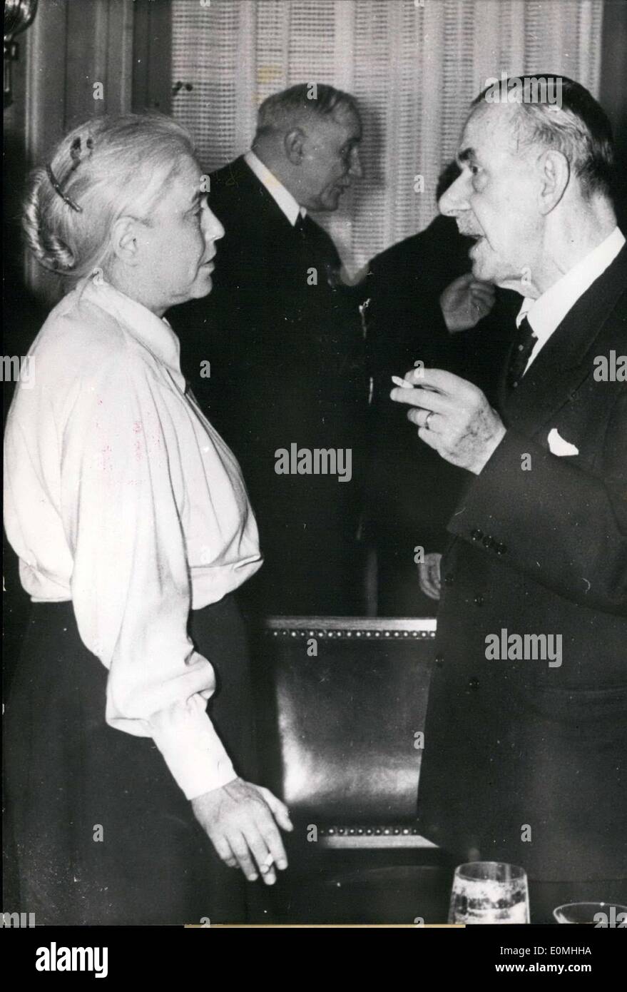 May 16, 1955 - In celebration of Friedrich Schiller, Novelist Thomas Mann spoke at the German National Theater. After the opening ceremony there was a reception at the ''Elephant'' hotel, at which Thomas Mann, the Stalin Prize winner and National Prize winner, talked animatedly with Anna Seghers. Stock Photo
