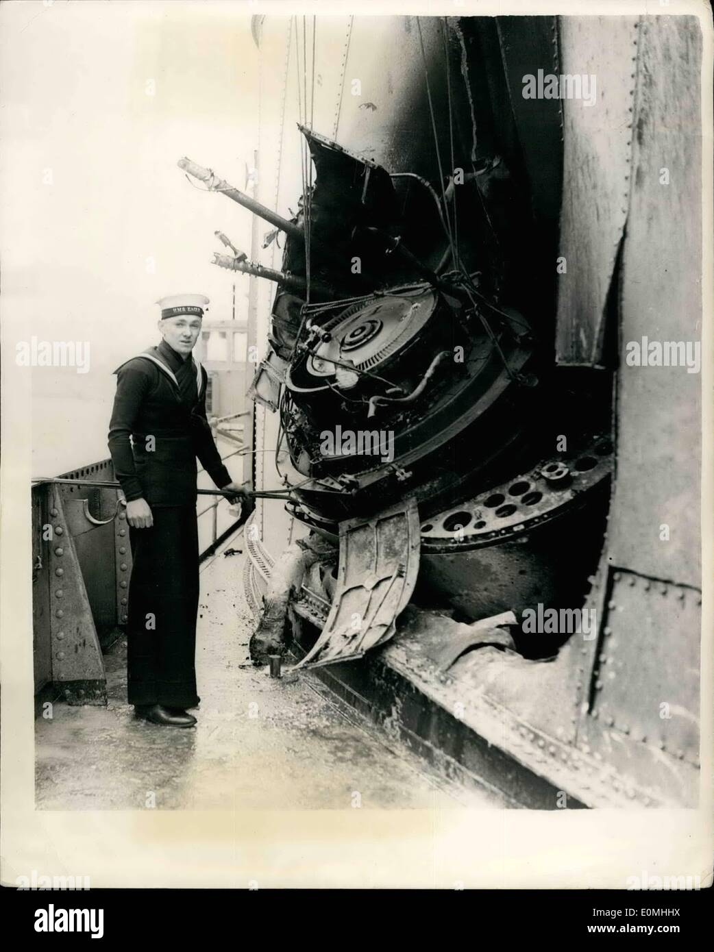 May 19, 1955 19555 Aircraftcarrier returns with aircraft engine embedded in her funnel Ã¢â