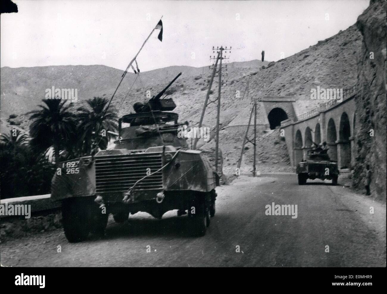 Aug. 08, 1955 - French troops patrol trouble zones in Algeria: French armoured cabs patrolling in the mountain area of El Kantara, near Siskre where rebels were reported recently. Stock Photo