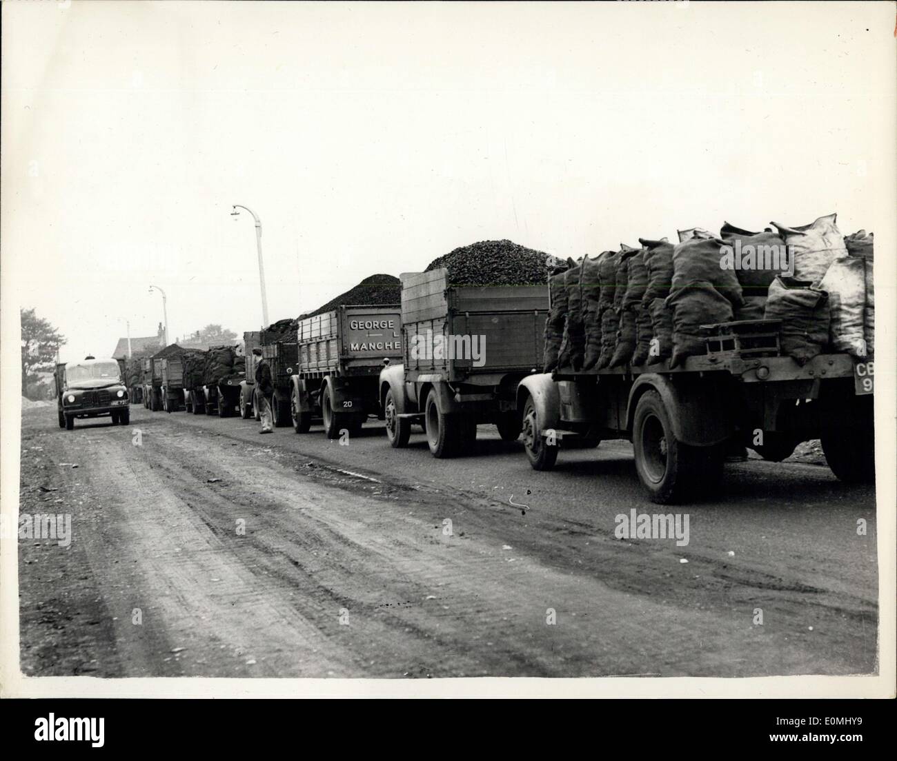 Jun. 06, 1955 - The rail Strike..How The Coal Is Kept Moving.. Lorries Come To To The Rescue: Many industries throughout the country are being affected b the rail strike - and not least is the coal industry.. In many parts of the country - lorries are being used to move the coal. Photo Shows Lorries - loaded with coal ready to move off from the Astley Green Colliery - Lancashire. Stock Photo