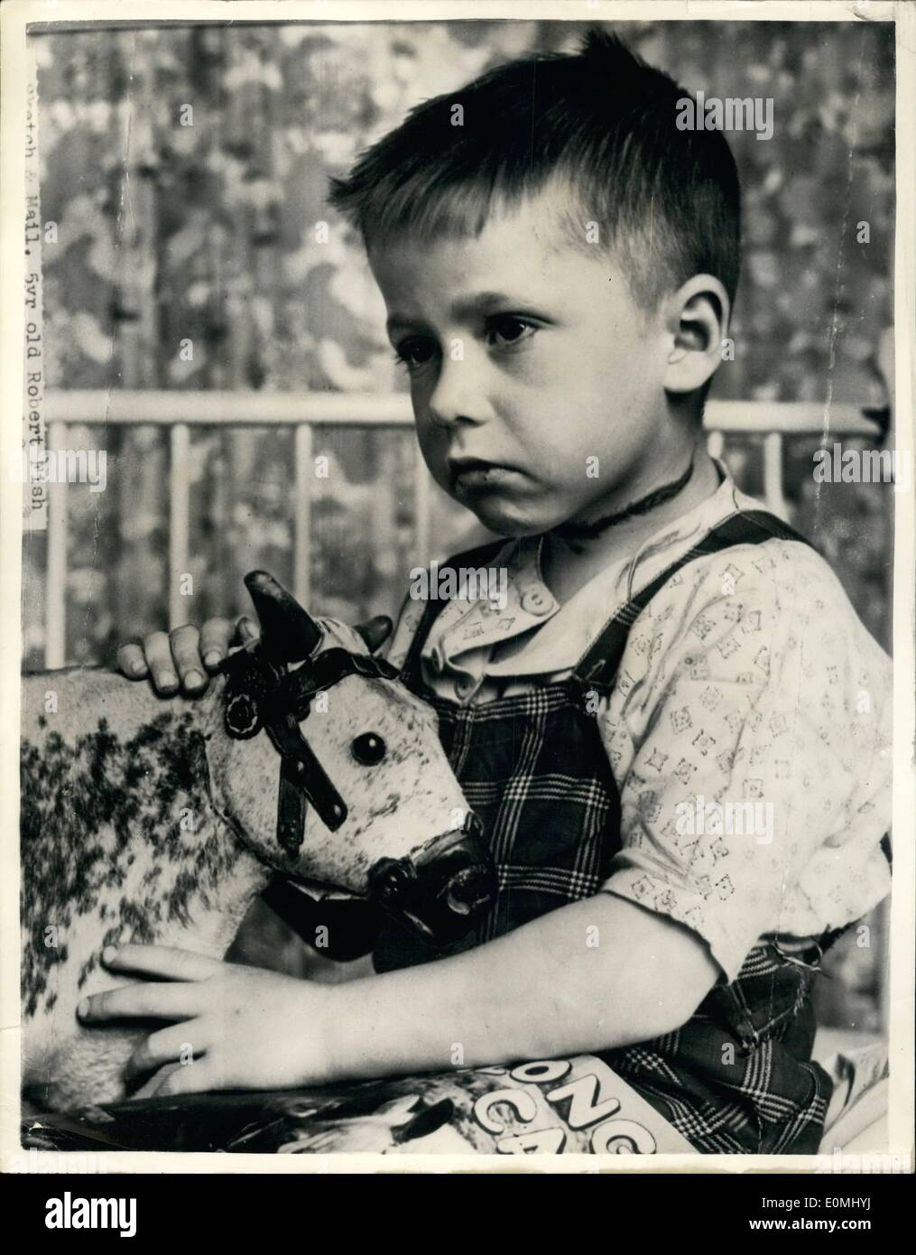 Jun. 06, 1955 - The boy who was found hanging from a tree Narrow escape for bobble five year old Bobbie fish was playing cowboys in a park near his home - when another boy placed a noose around his neck and then gushed off a tree and he was found dangling several feet from the ground. The rope was cut and bobby was rushed to hospital at Blackburn, lance, with neck injuries and suffering from shock, yesterday his mother went to take him home but was told that his temperature had risen and so he must stay in hospital for another day two Stock Photo