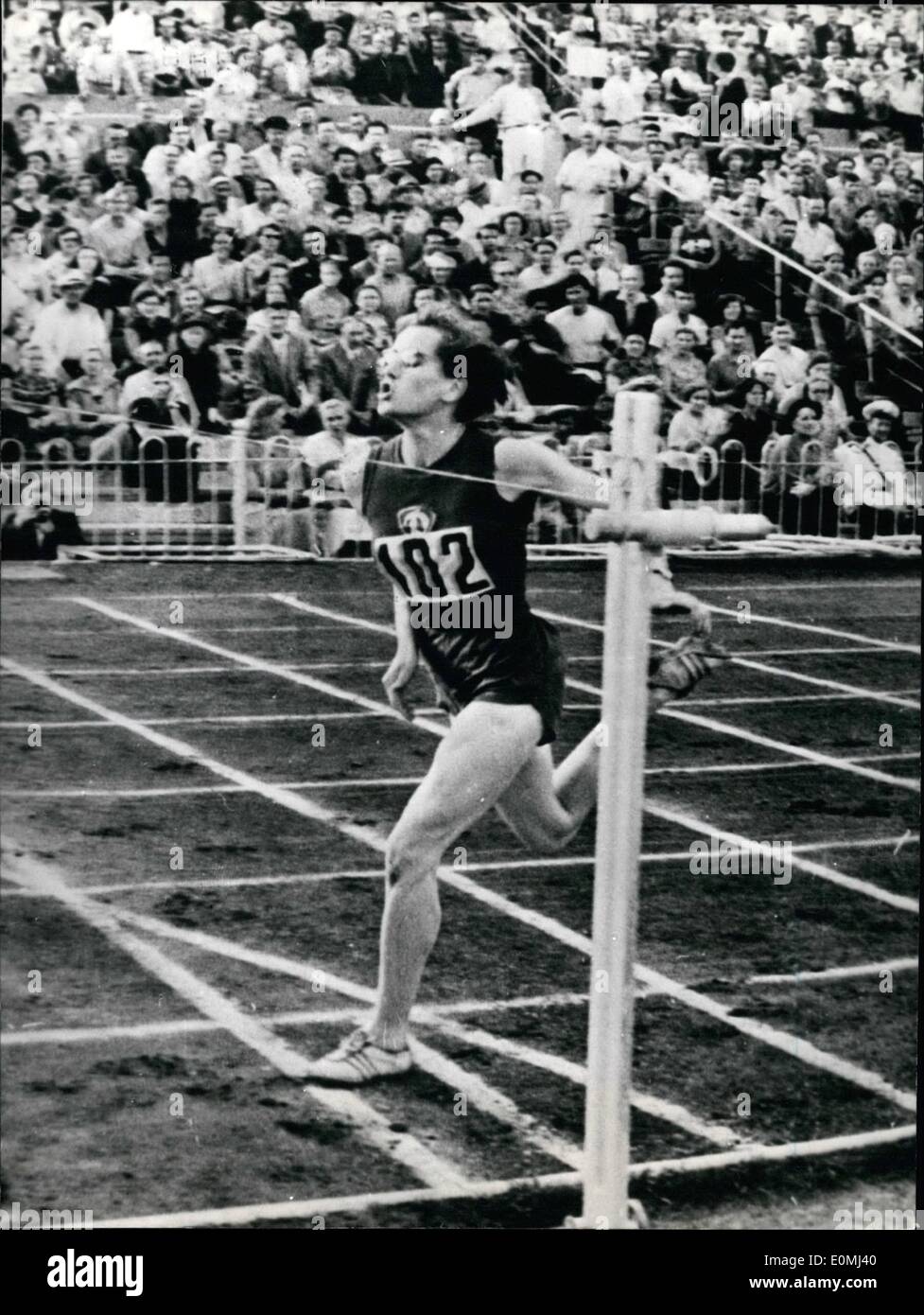 Aug. 08, 1955 - Christa Stubnick Seeliger runs into the western zone; The sprinter of the German East Zone, Christa Stubnick Seeliger, who is called the quickest woman of the world, was not allowed to take part at the Light athletic championship at Warschau. She want now to the western zone and will be a member of the club OSV in Horde. Here we see here, when she won the 200 meter at Moskau Dynamo Stadion. Stock Photo