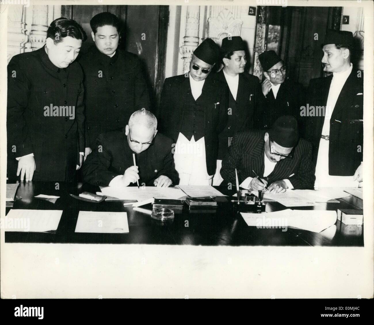 Aug. 08, 1955 - Establishment of Normal Diplomatic Relations Between Nepal And The People's Republic Of China: The State Hall of the government secretariat in Nepal - was the scene recently of signing articles for the establishment of normal diplomatic relations between Nepal and the People's Republic of China ... with the signing of the communique Nepal for the first time recognized Chinese ignty over Tibet with whom she (Nepal) has a five hundred mile long frontier. China is now the first communist country with which Nepal has normal diplomatic relation Stock Photo