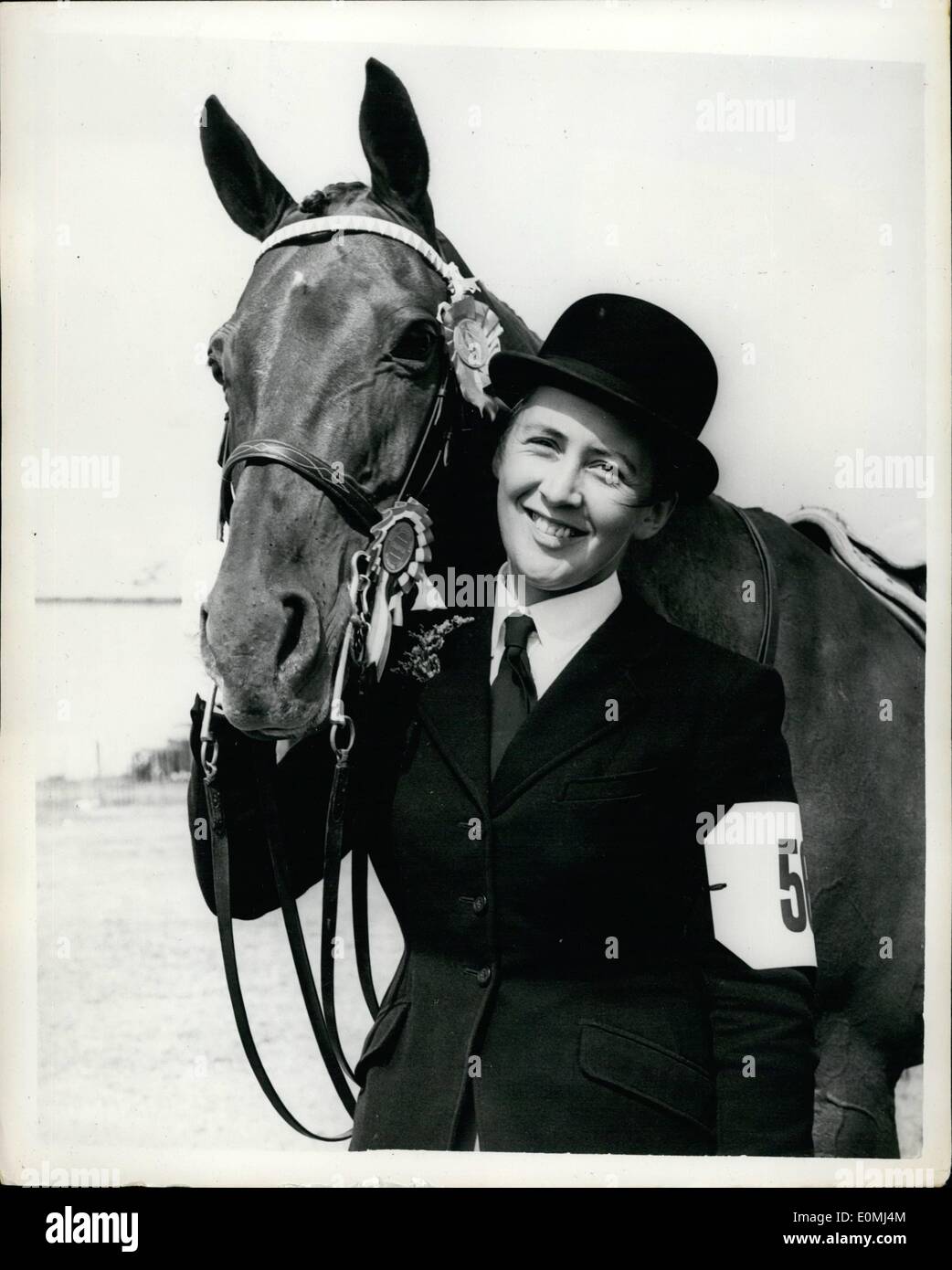 Aug. 08, 1955 - The Royal Lancs Show..Over Pound1,000 Prizes In Four Years.. Keystone Photo Shows:- Miss Paula Wainwright (22) of Dunsley Dene, near Stourbridge, Worcs., with her Champion Hack ''Lovely Boy'' which in four years has won Pound1,000 in the show ring..Pauls has just gained her B.Sc. Agriculture, at Reading university and is leaving soon for two years study of Agriculture in Australia and New Zealand..Seen at the Royal Lancs Show at Blackburn. Stock Photo