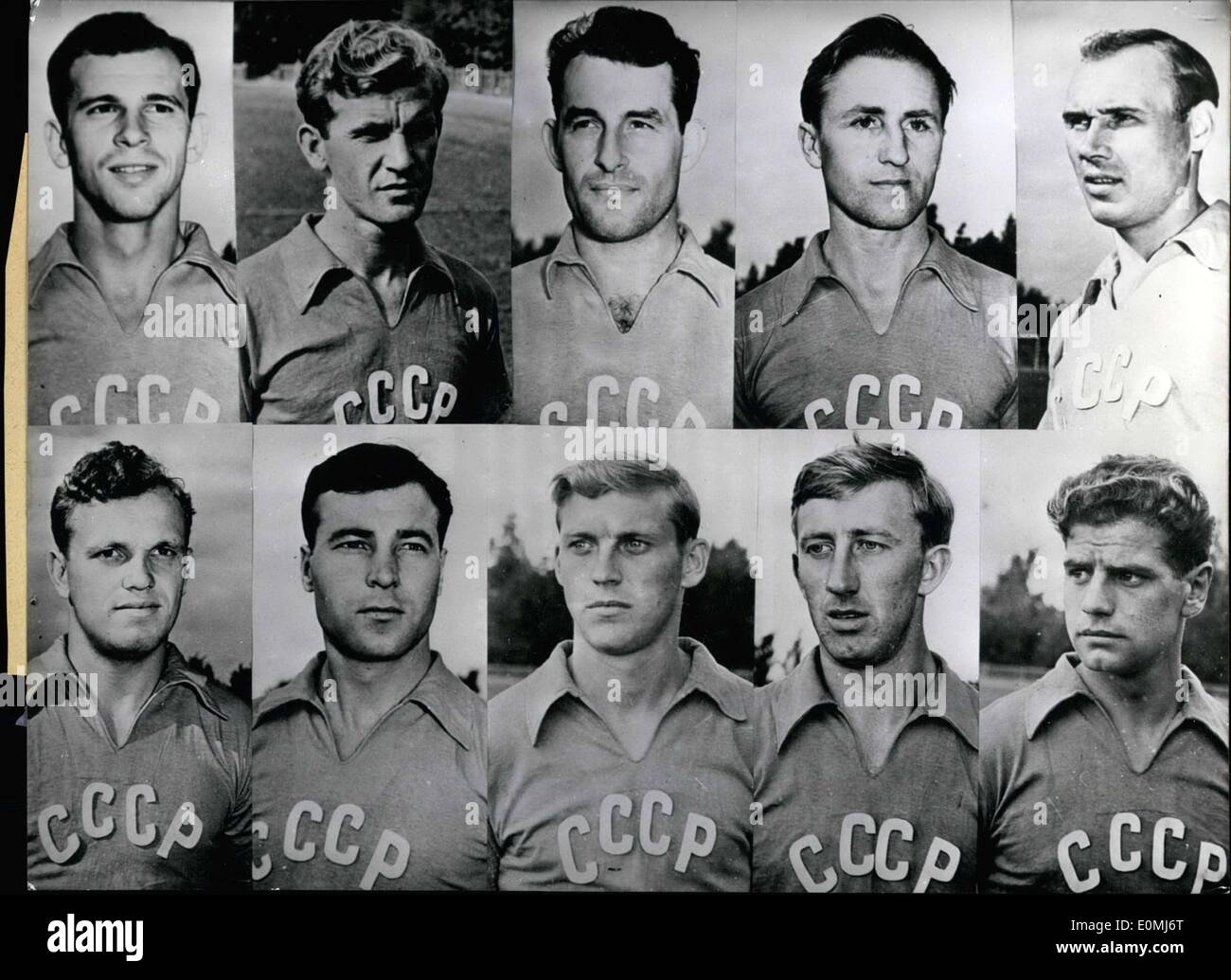 Aug. 19, 1955 - Above from left to right: Michail Ogonkow, 23 years old, Spartak Moscow. Jurij Kuanezow. Sergeij Salnikow, 29 years old, Dynamo Moscow. Alexeij Paramonow, 28 years old, Spartak Moscow. Mikelai Paschkin. Bottom from left to right: Boris Tatuschkin, 20 years old, Spartak Moscow. Vladimir Schabrow, Dynamo Moscow. Anatolij Maslenkin Igor Netto, 26 years old, Spartak Moscow, and Team Captain. Jurij Woinow. Stock Photo