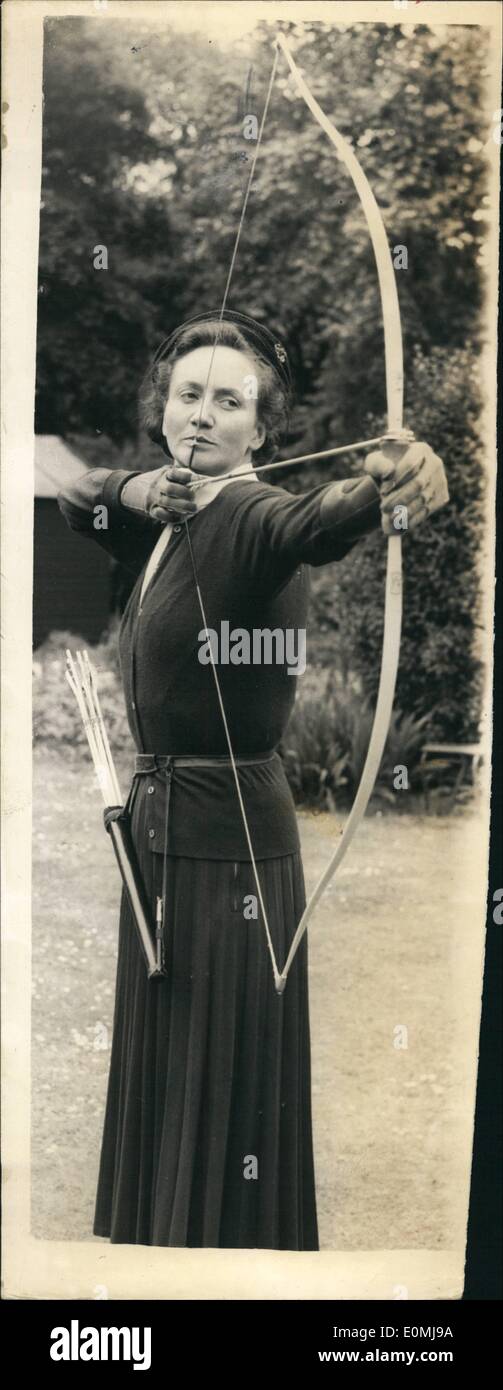 Jun. 06, 1955 - Archery Champion At Practise: Photo shows Mrs. Patricia Flower, Britain's champion woman archer - seen during practice at The Royal Toxophilite Society, Albion Mews, W.2 in readiness for the defense of her title at Oxford at the end of this month, and for the world championships which take place in Helsinki next month. Stock Photo