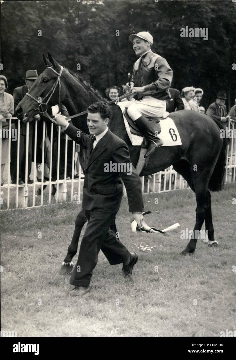 Jun. 06, 1955 - Prix De Diane Won By An Outsider: ''Douve'', The Winning Filly Ridden By J. Deforge, Being Led In After Her Victory In The Prix De Diane, At Chantilly, Sunday. Stock Photo