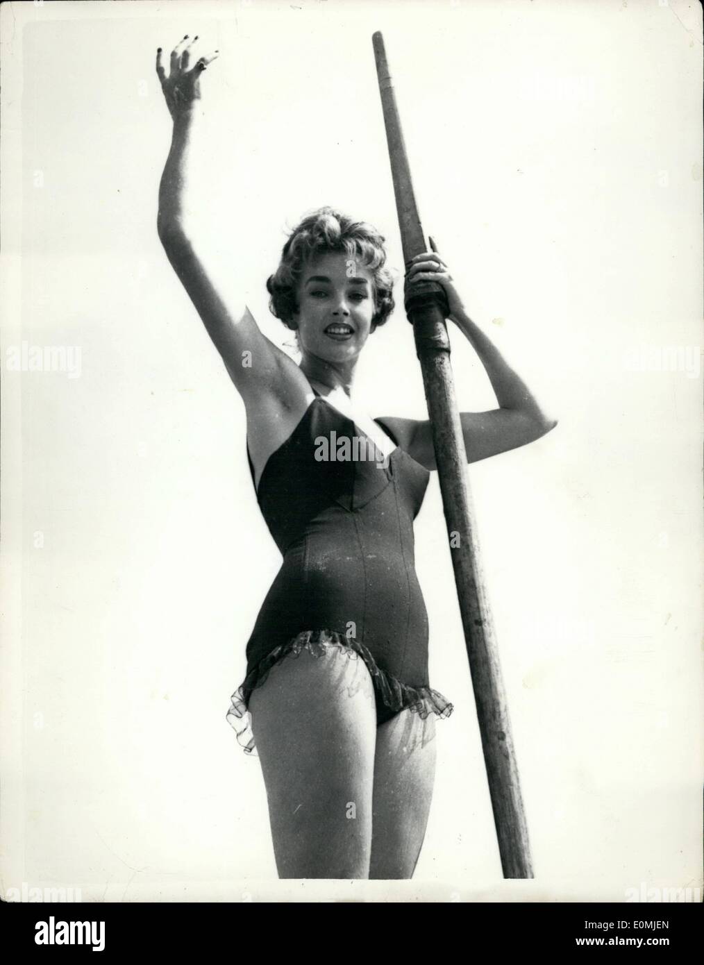 Sep. 09, 1955 - Dawn Addams (princess Massing) at the Venice film festival. Screen star Dawn Addams - wife of Italy's prince Missino- poses for the camera in her bathing suit - on the beach at Venice where she is attending the international film festival. Stock Photo