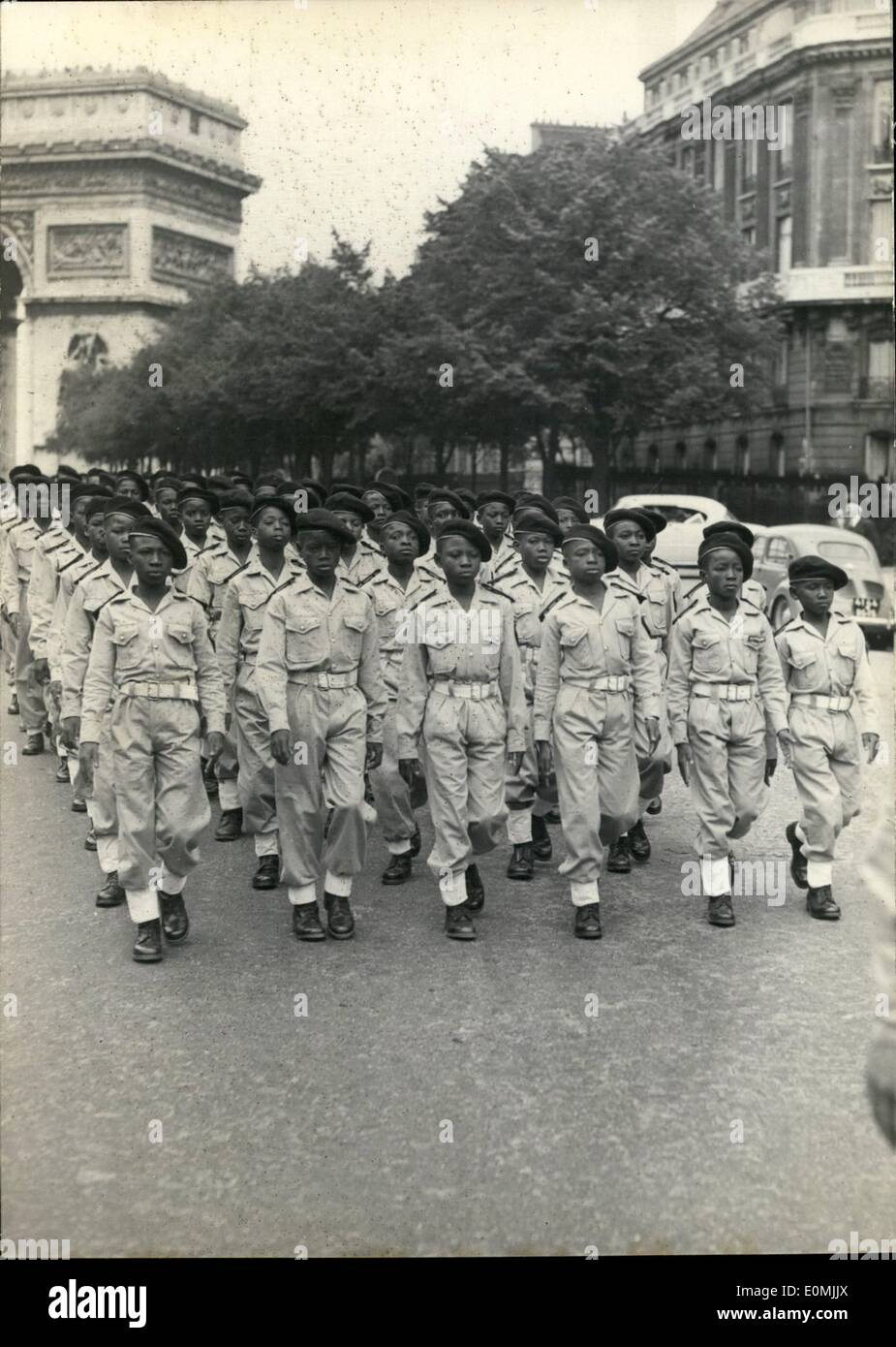 Jun. 06, 1955 - Boy Soldiers from West Africa in Paris.: The black boy soldiers parading on the Champs Elysees. They are to take part in the Army Festival shortly to be held in Paris. Stock Photo