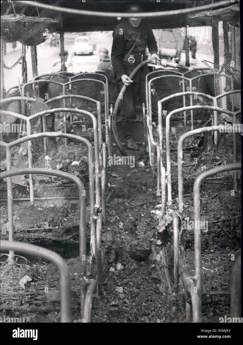 Jun. 11, 1955 - An omnibus from Holland loaded with children suddenly went up in flames. Two children were killed and 19 more were injured, 7 life-threateningly so. Pictured is the inside of the bus, completely burned. Stock Photo