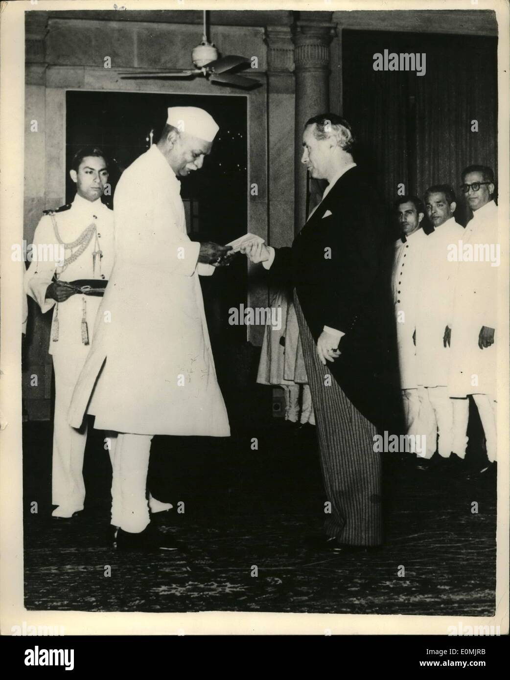 Sep. 09, 1955 - Mr. Malcolm Macdonald presents letter of Commission to Indian President: Mr. Malcolm Macdonald, the new High Com missioner for India - seen when he presented his Letter of Commission to the President of India, Dr. Rajendra Prasad, at Rashtrapati Bhavan, New Delhi recently. Stock Photo